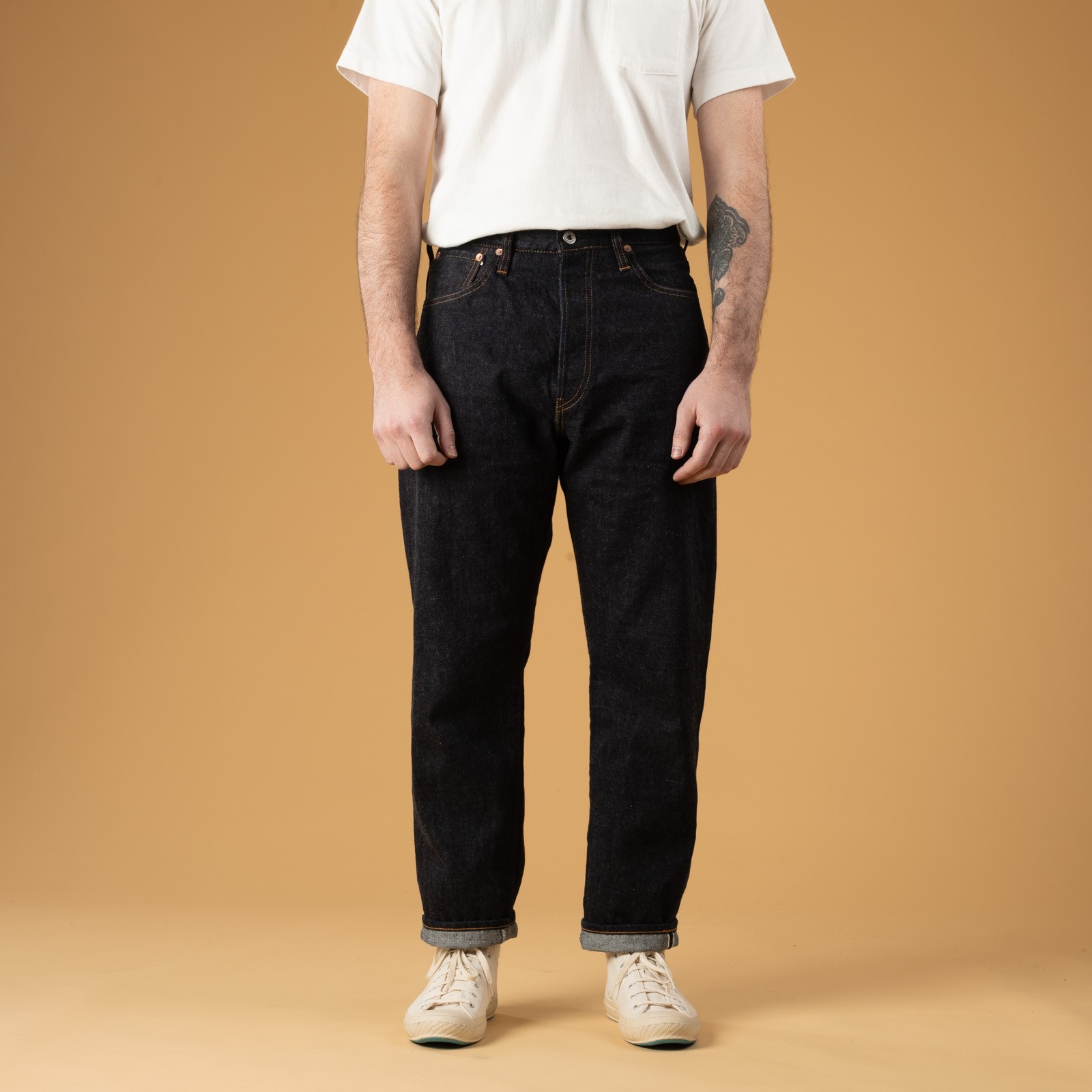 Image flâneurs FOB FACTORY  F165 Garage 5P Selvedge Denim porté de face (2)