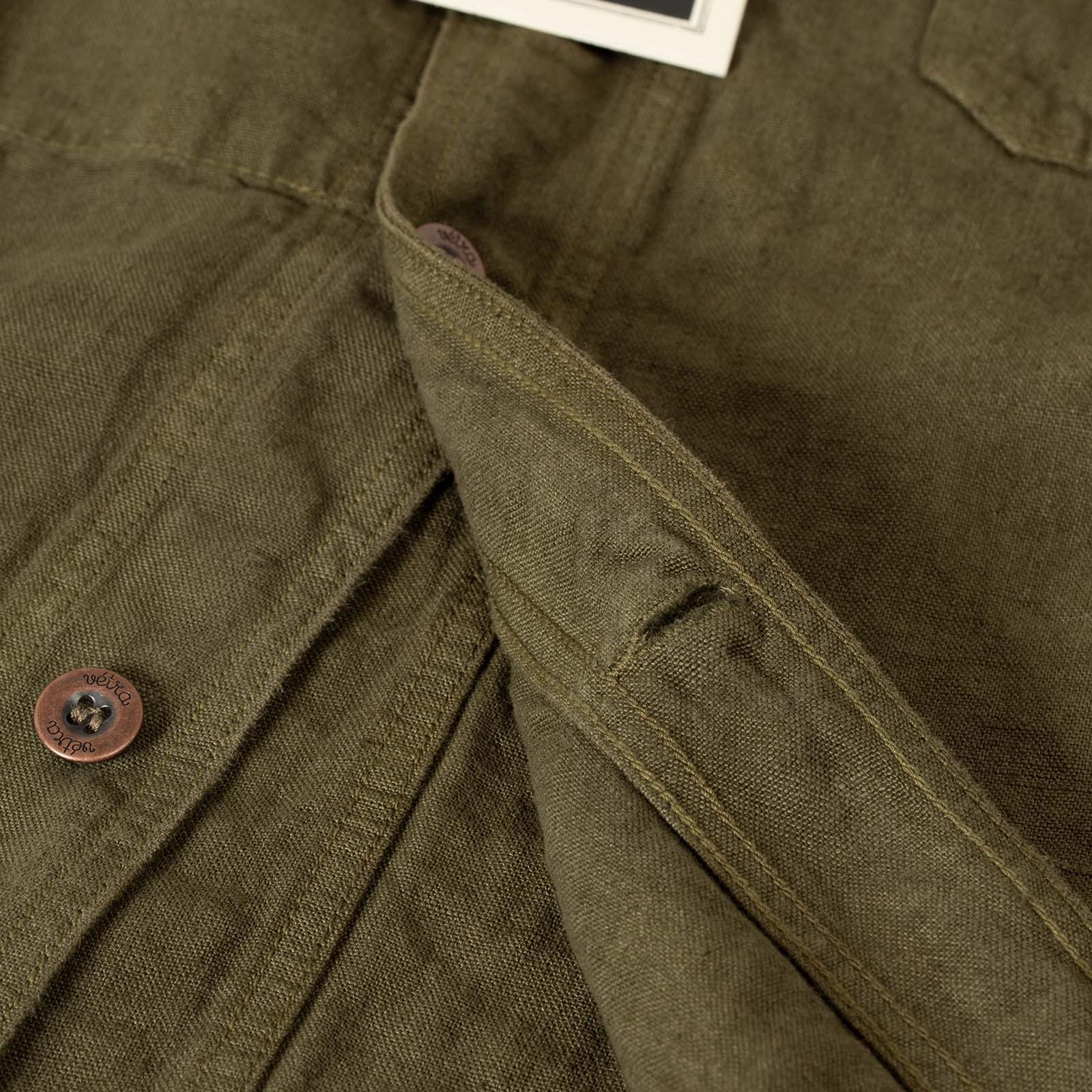 détail inside flâneurs VETRA Olive Heavy Linen Weaved Jacket