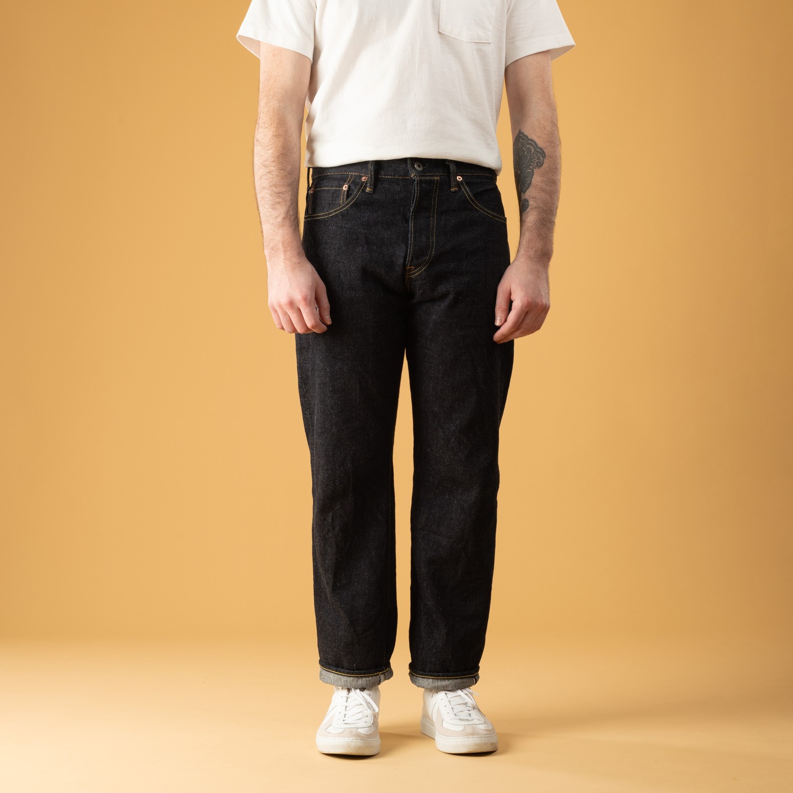 ONI DENIM 288 15oz Low Tension Denim images of loafers worn from the front (1)