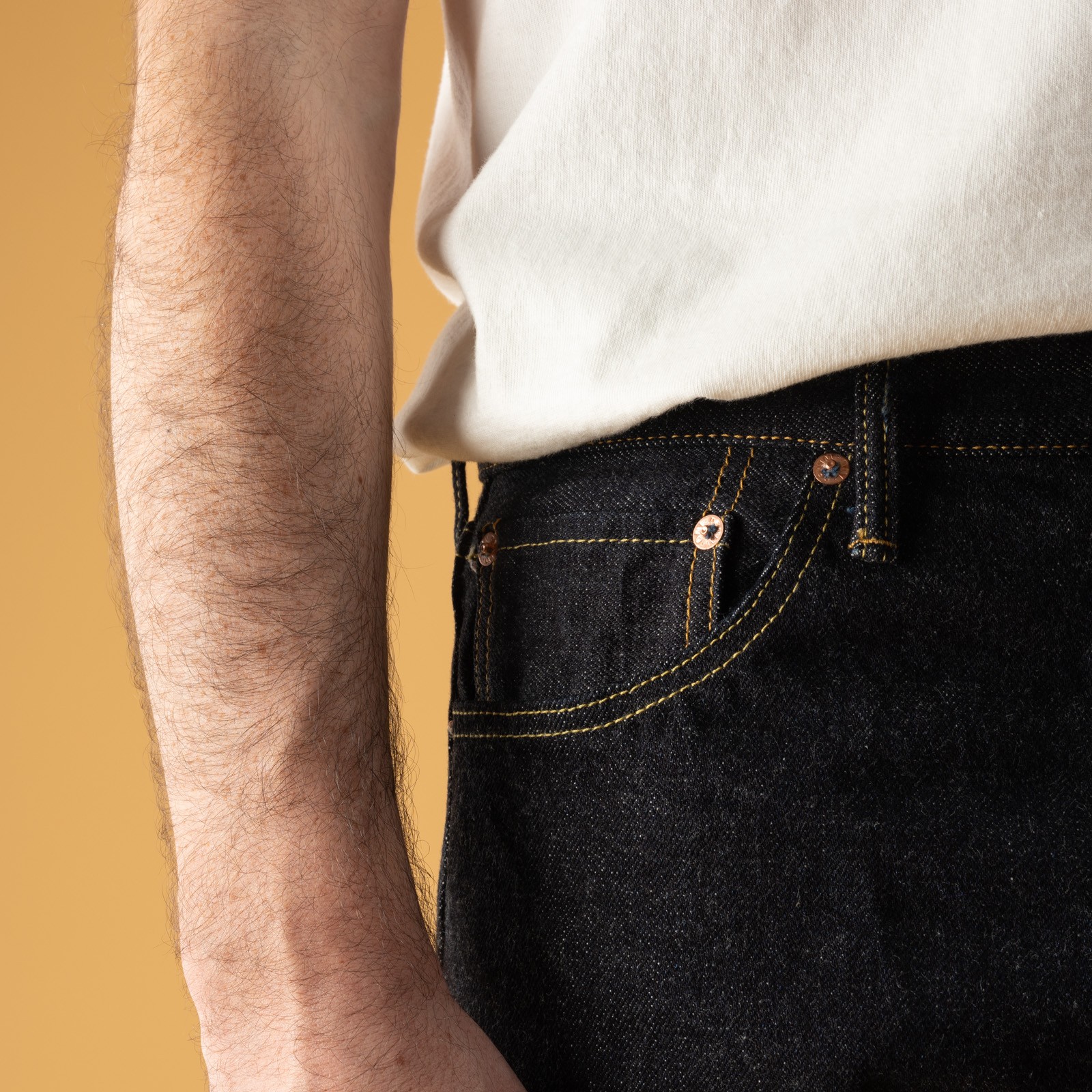 ONI Wanderers 15oz Low Tension Selvedge Denim, worn image of the coin pocket