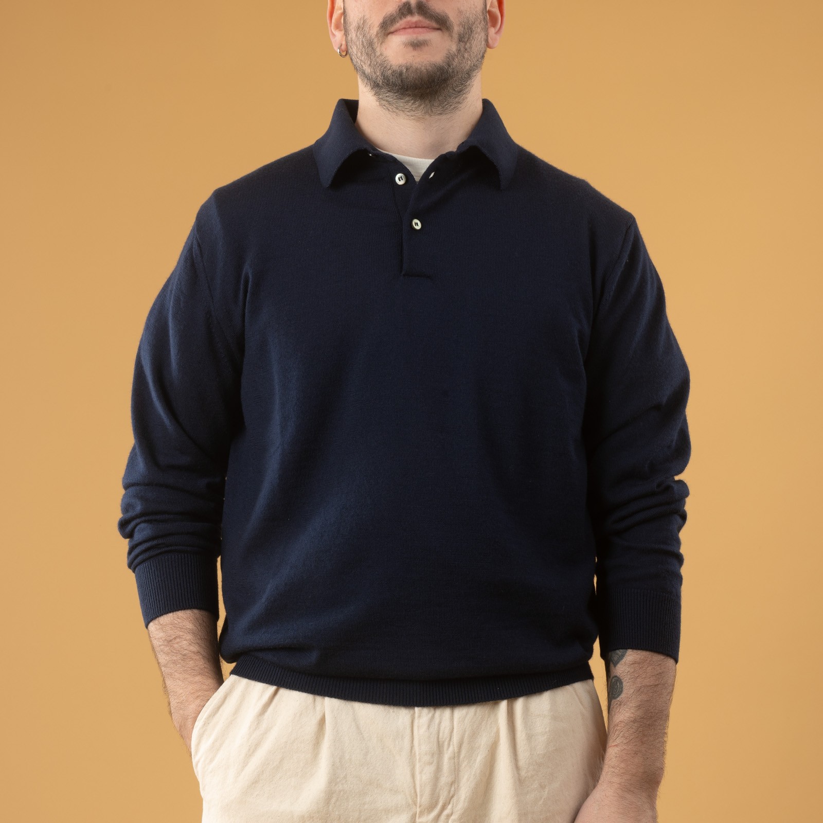 Image flâneurs Pull Mooncastle Mérinos Manches Longues Col Polo Navy 1