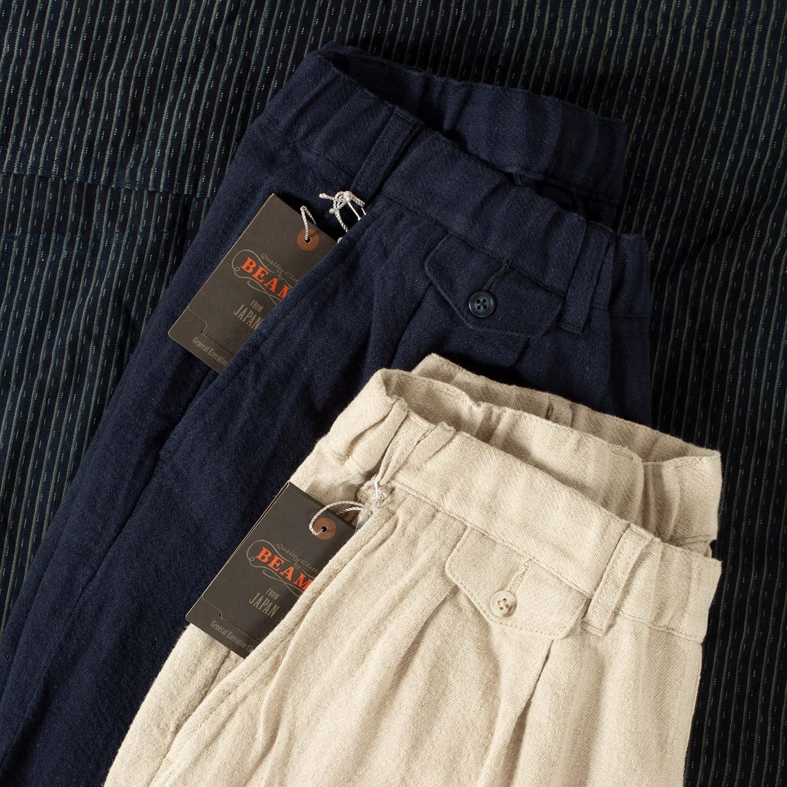 détail flâneurs Beams Plus 2 Pleats Relax Trousers Linen Cotton