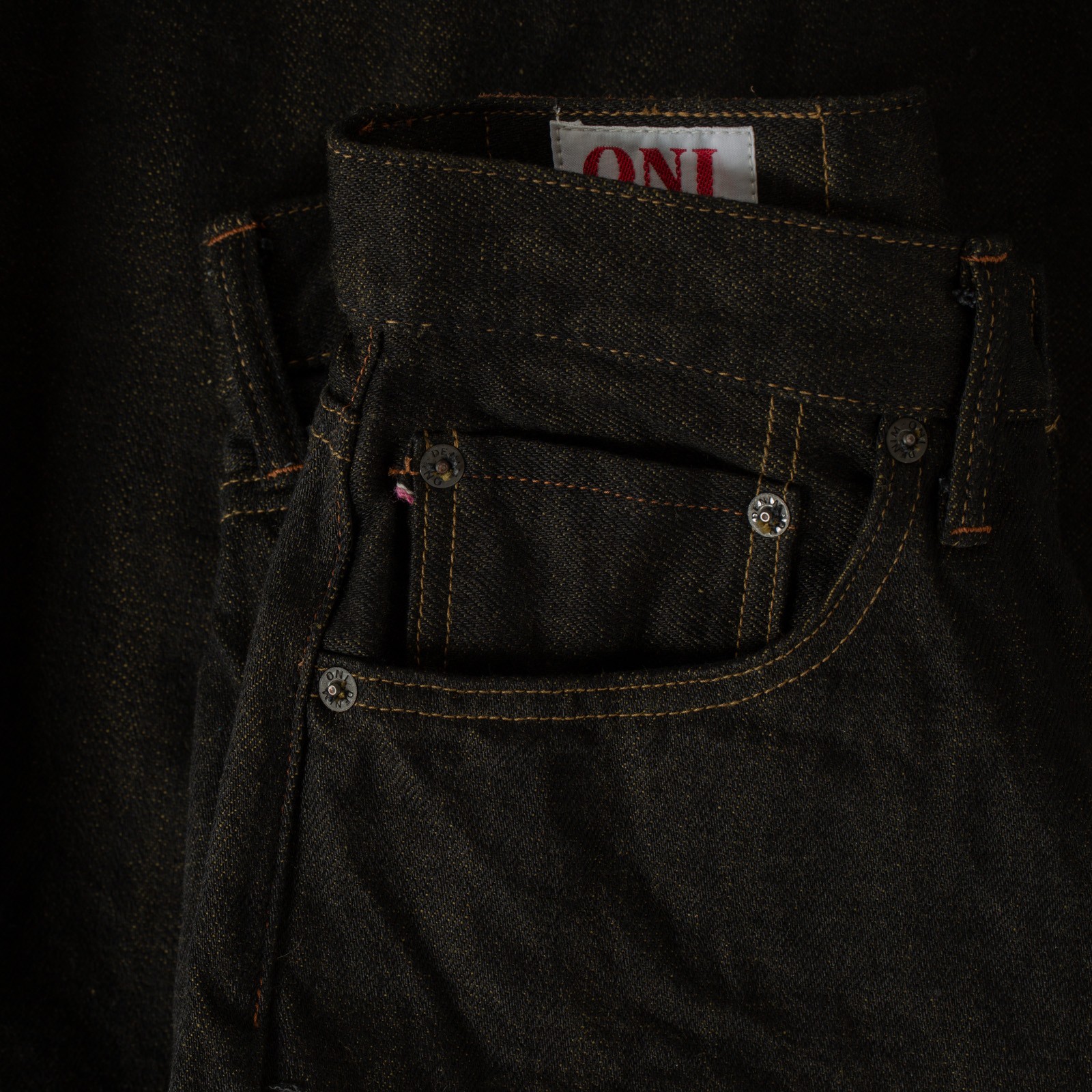 246-BKOL 12.5oz Neat Straight Black X Olive Selvedge Denim