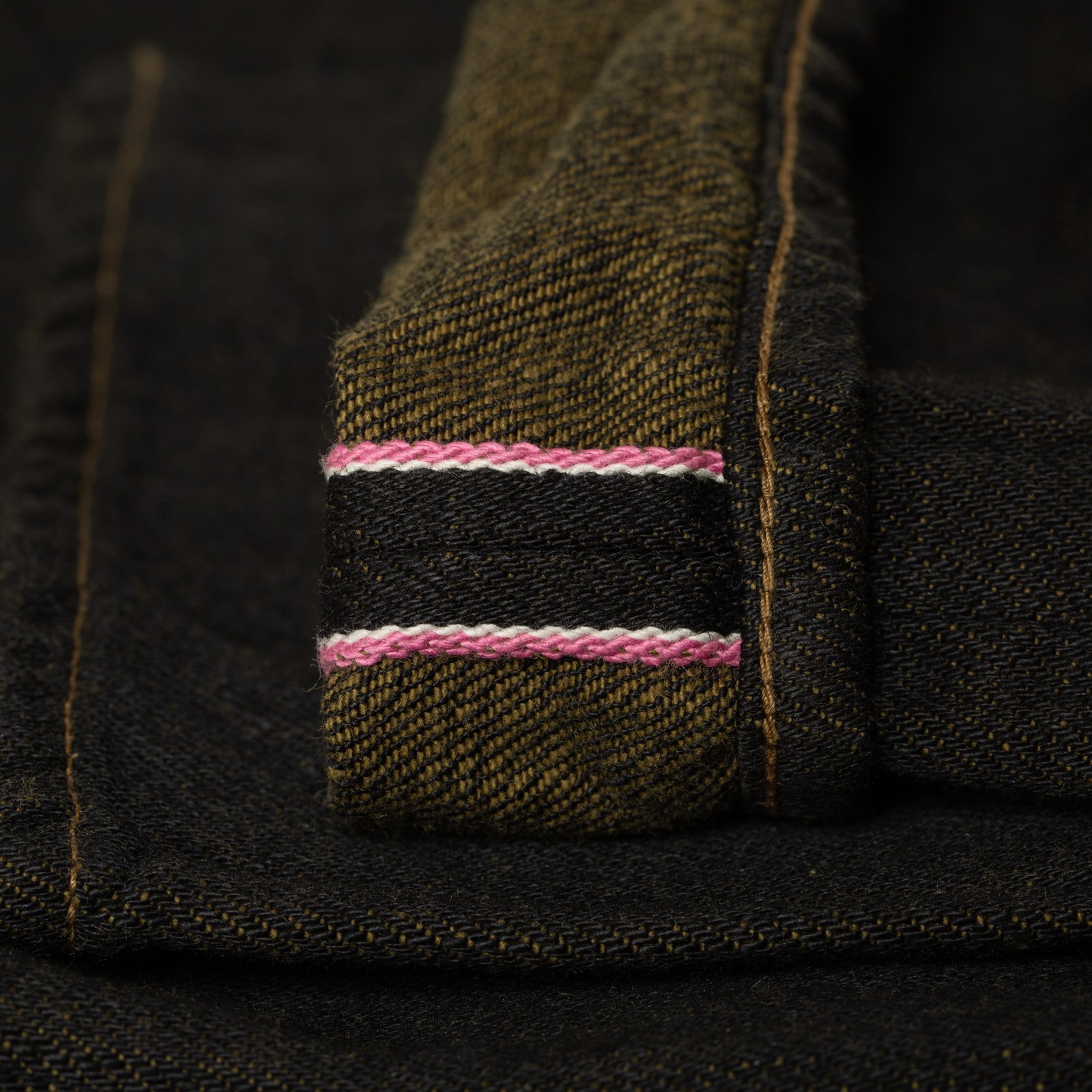 246-BKOL 12.5oz Neat Straight Black X Olive Selvedge Denim