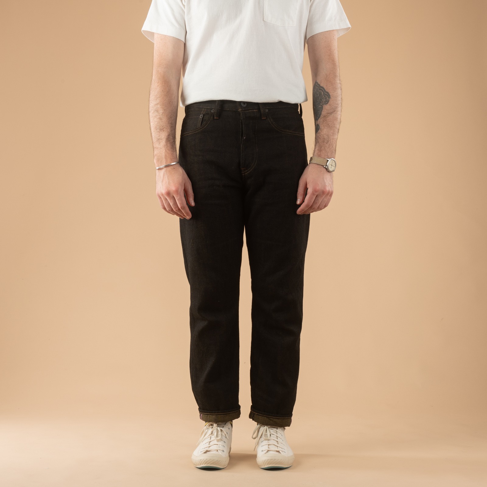 246-BKOL 12.5oz Neat Straight Black X Olive Selvedge Denim
