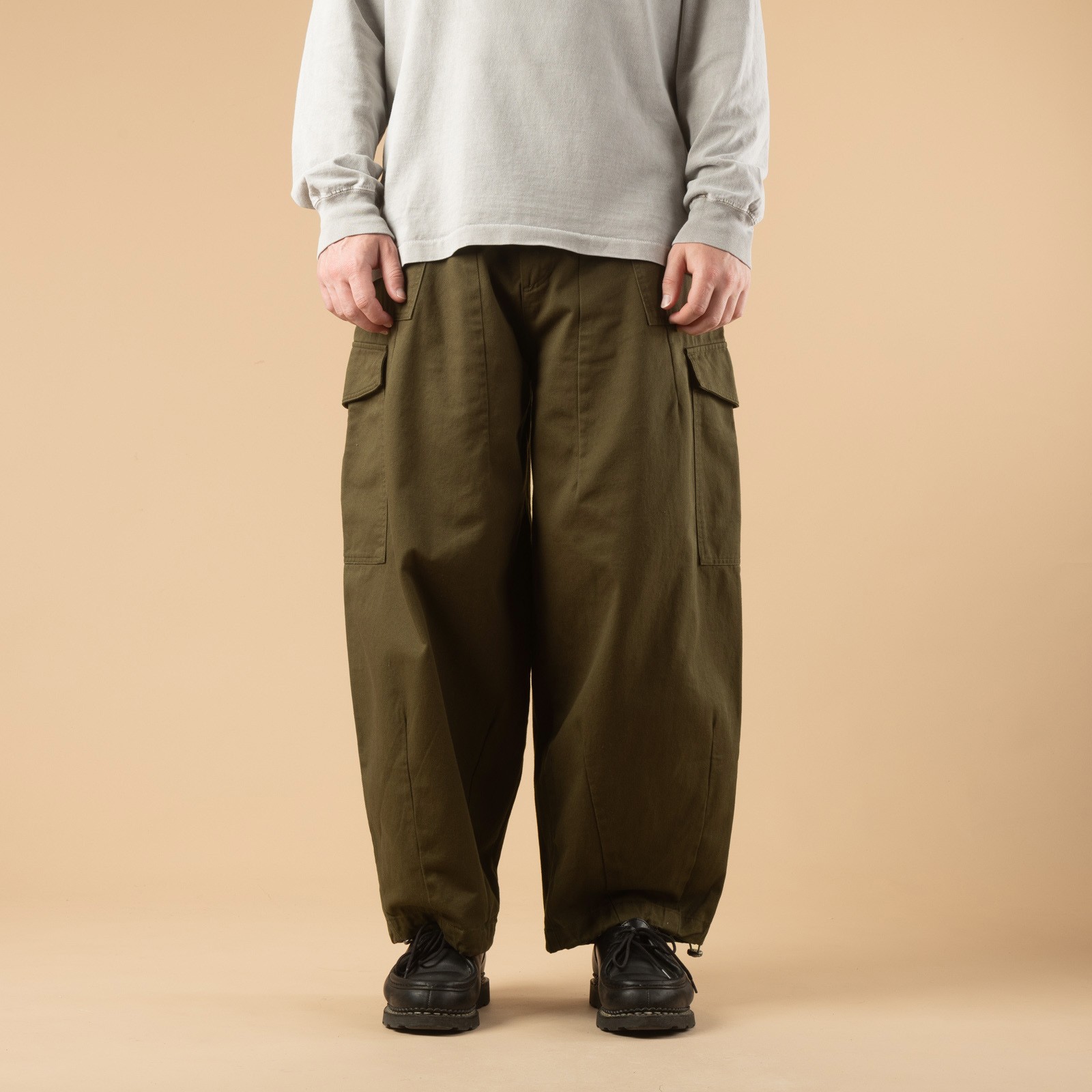 Olive Twill Cargo Balloon Pants
