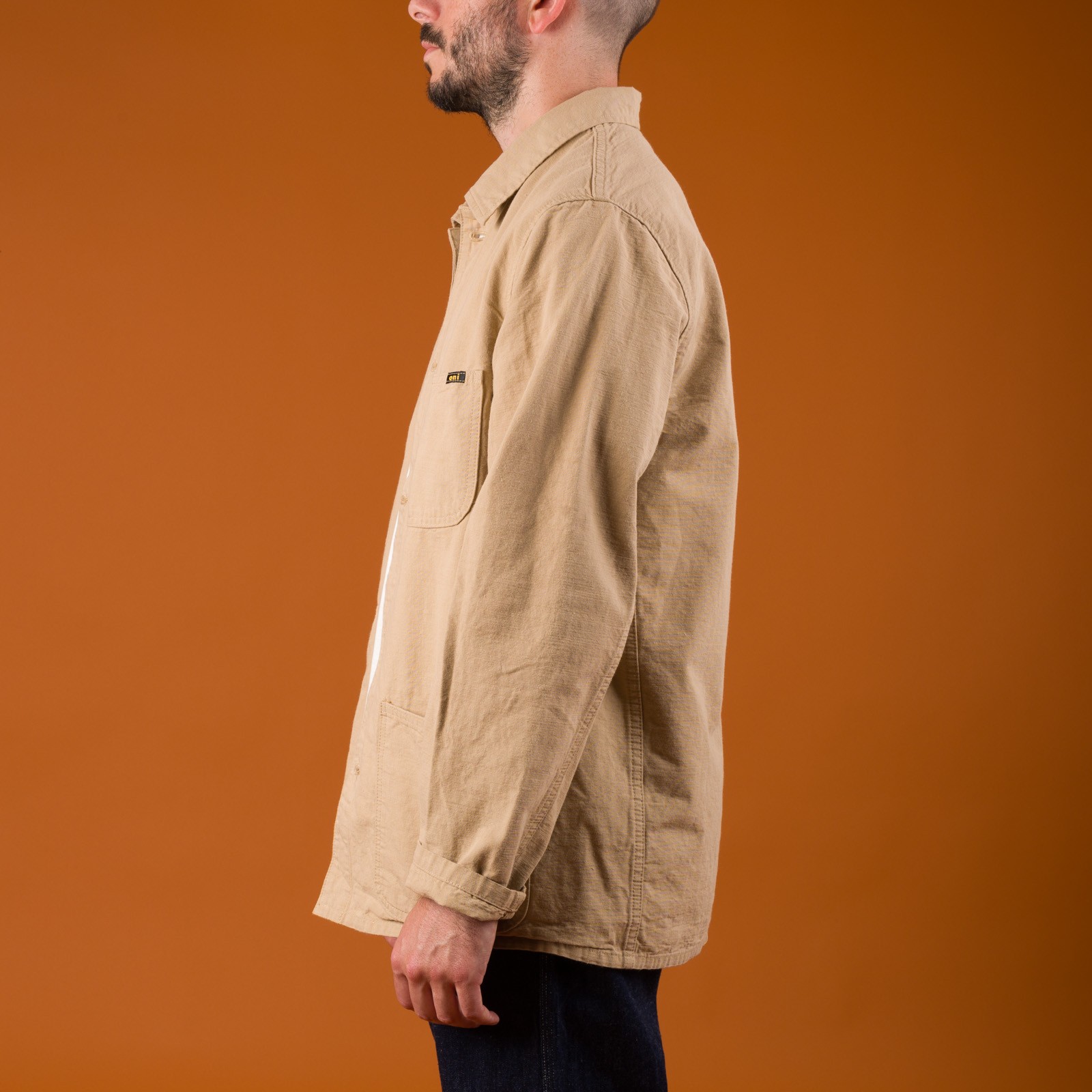 Image-Flâneurs_ONI DENIM / 03500-8BE 8oz "Betacham" Beige Selvedge Chambray Coverall_de-profil