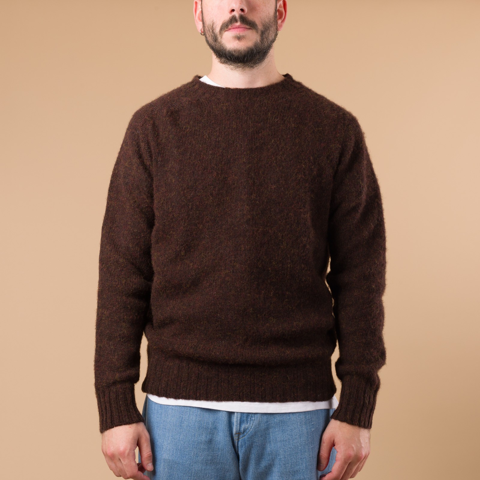 image porté flâneurs HARLEY OF SCOTLAND X FLÂNEURS pull Shaggy Crew Neck Sweater mocha de face