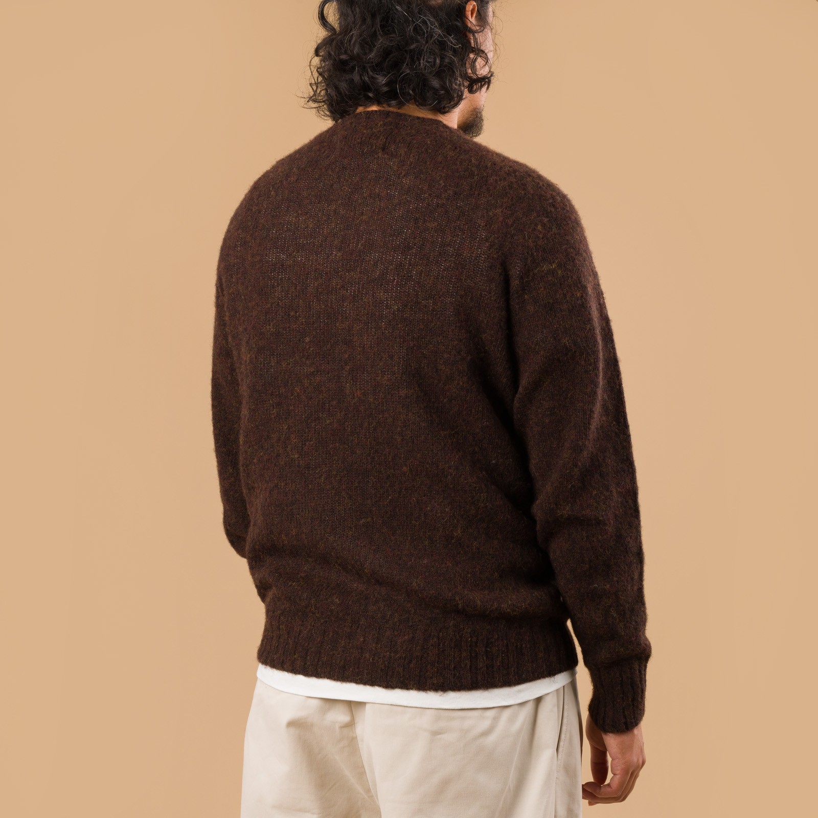 image portée de dos pull HARLEY OF SCOTLAND X FLANEURS shaggy Crew Neck Mocha