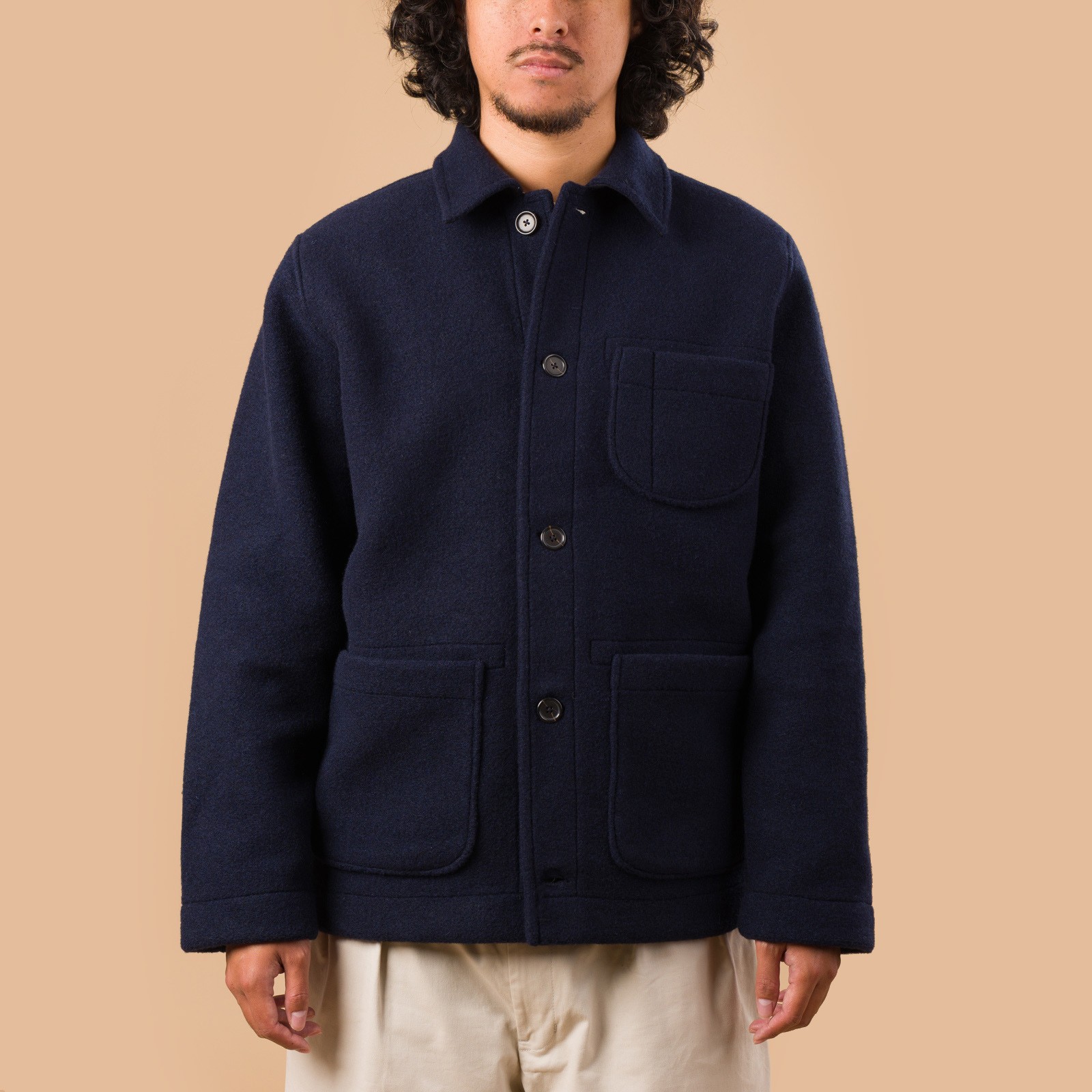 image flaneurs veste UNIVERSAL WORKS Field Jacket II Techno Melton Plain Navy de face