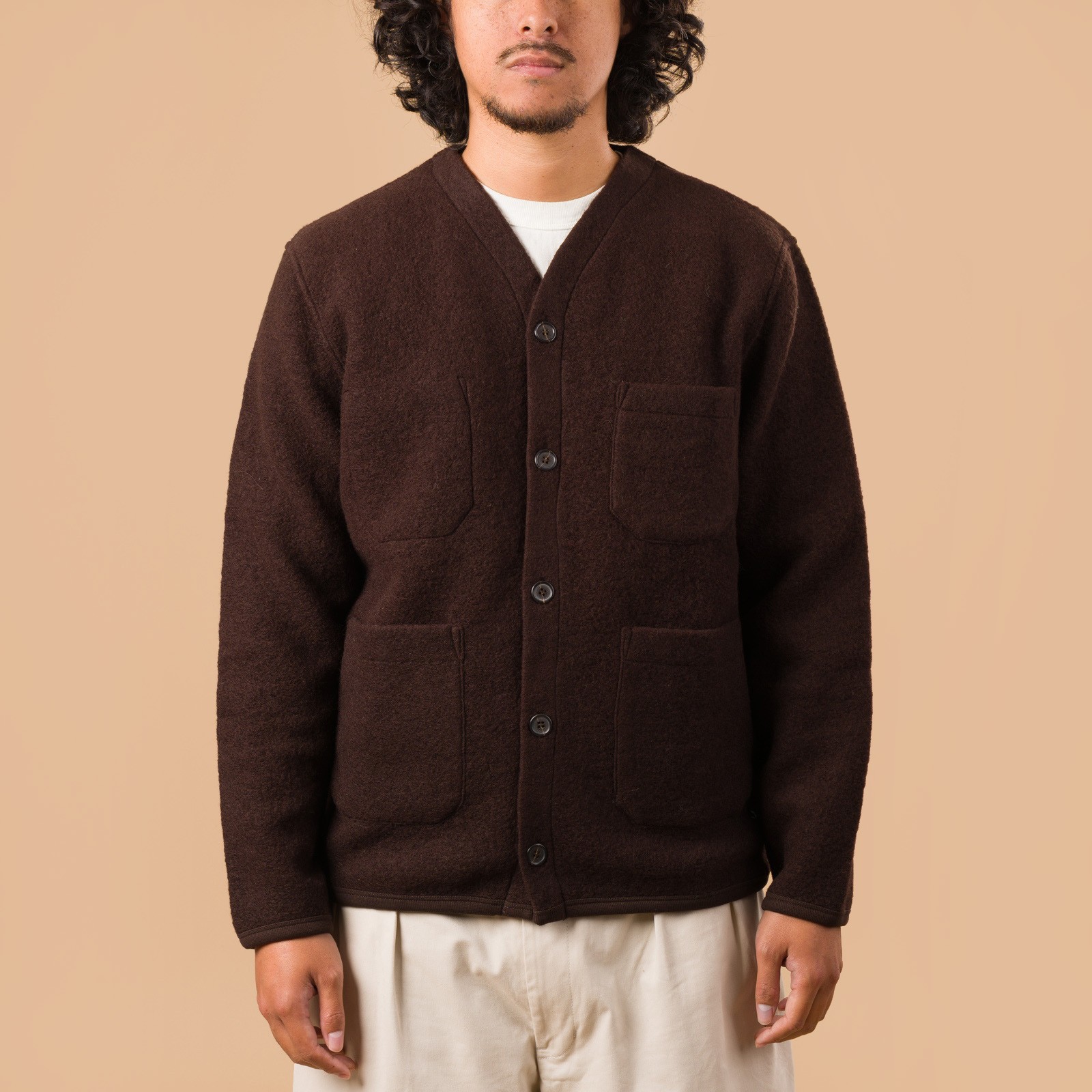 image flâneurs UNIVERSAL WORKS Wool Fleece Cardigan Brown de face