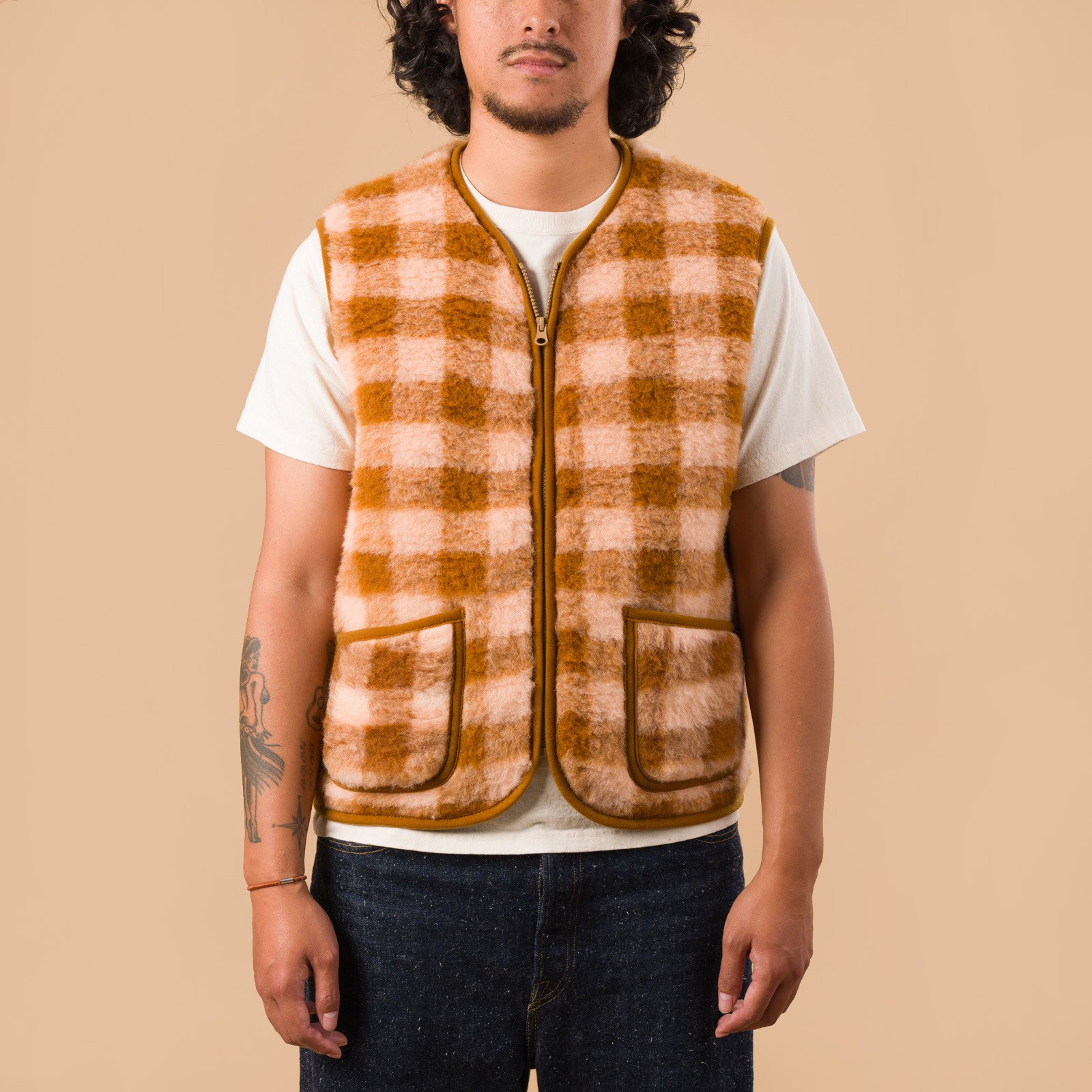 image flaneurs lining Coldbreaker laine Pepitco Vest Ultralight Checker Apricot de face