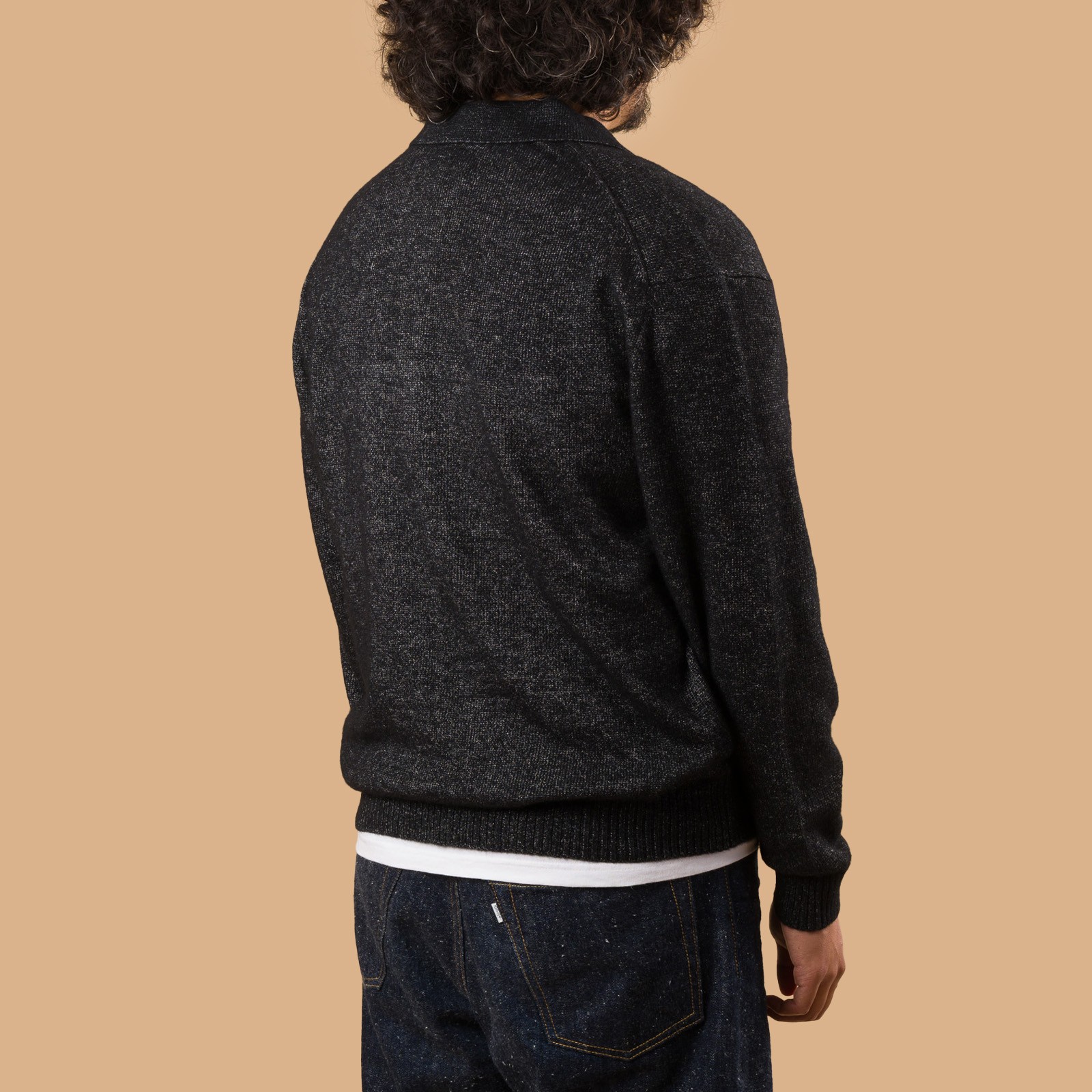 9G Wool Silk Shaggy Yarn Knit Polo Black