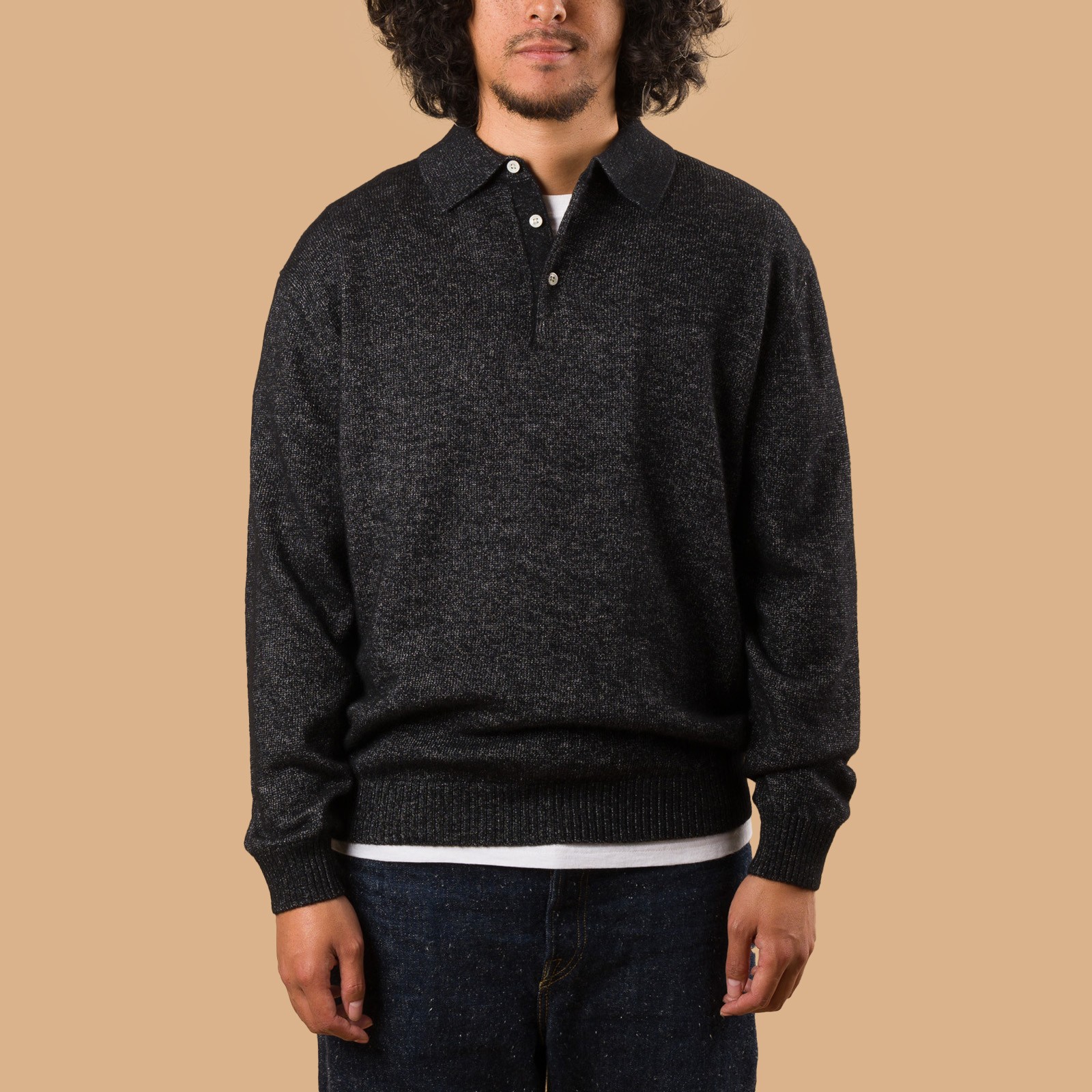 9G Wool Silk Shaggy Yarn Knit Polo Black