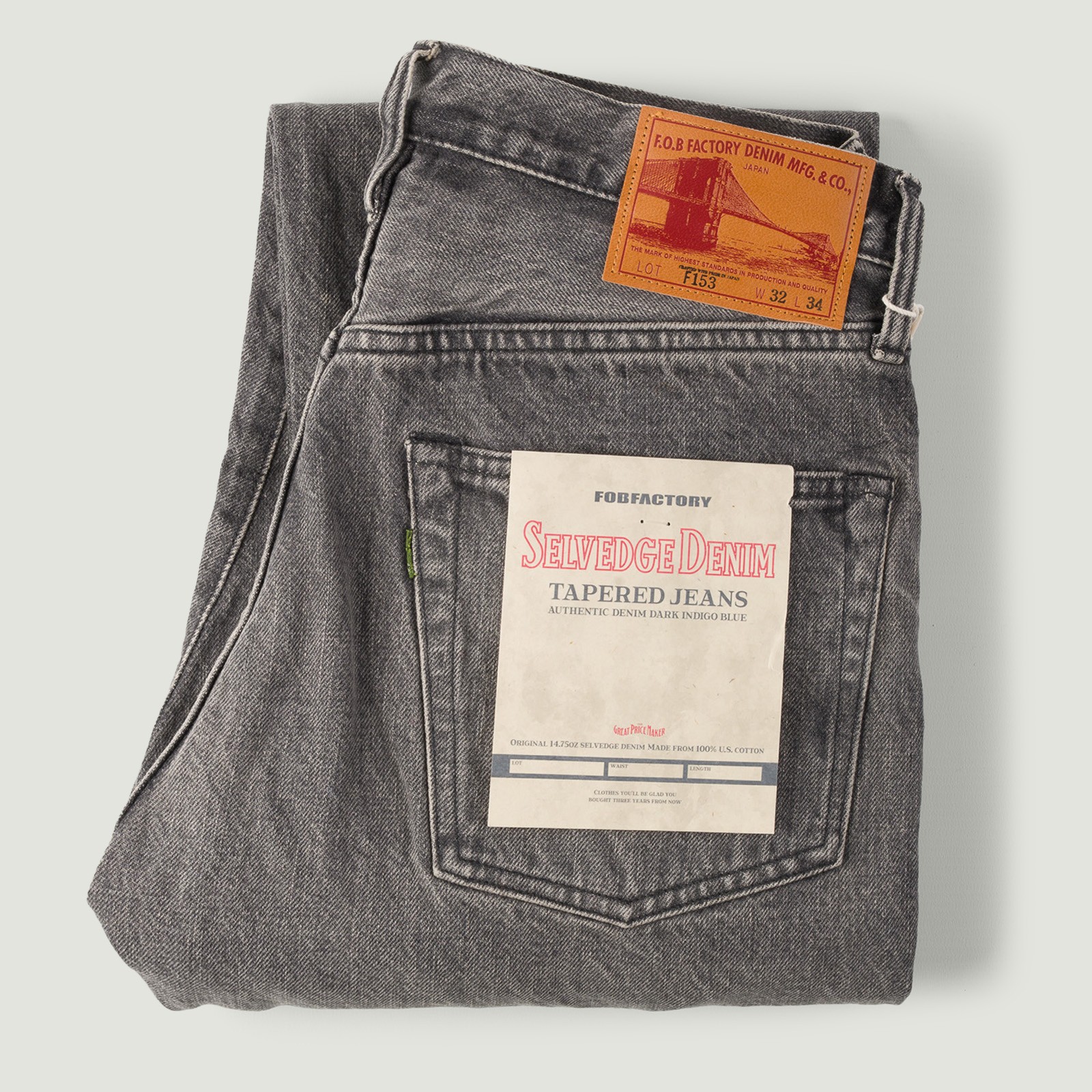 F153 5P Tapered Black Used Wash Selvedge Denim