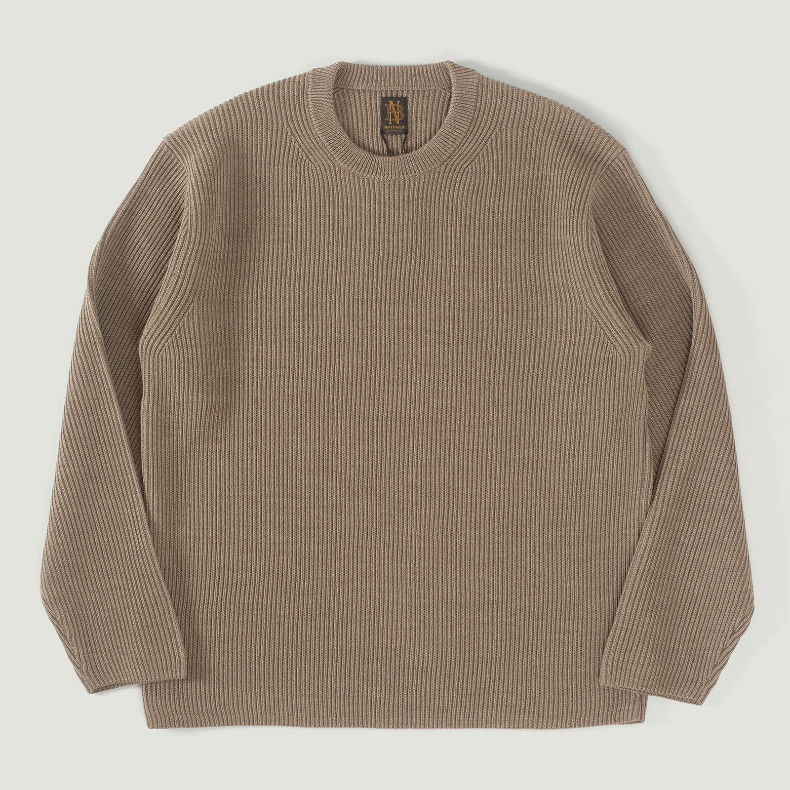 Solid Wool Rib Crew Neck Melange Brown
