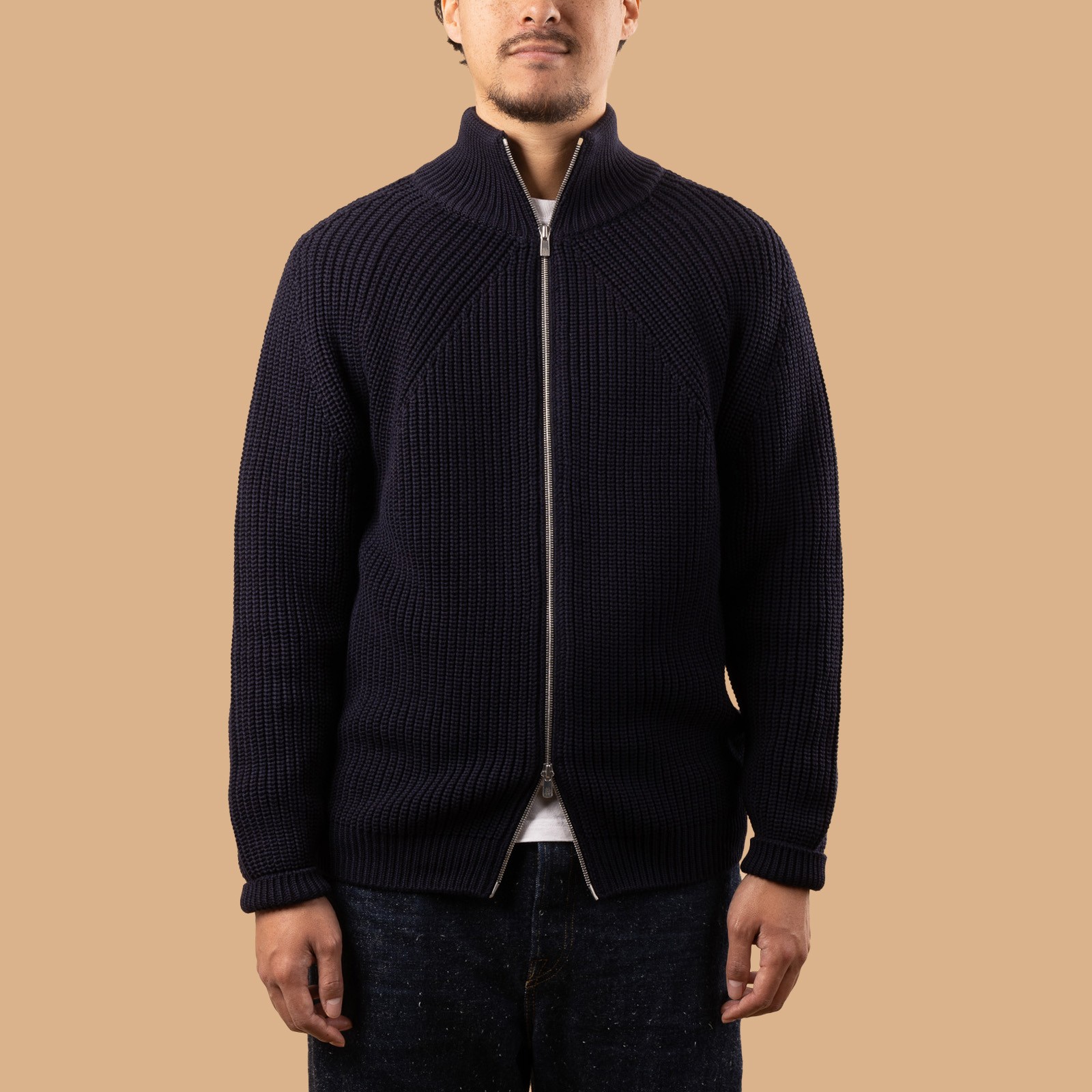 flaneurs gilet laine épais BATONER Signature Drivers Knit Navy de face