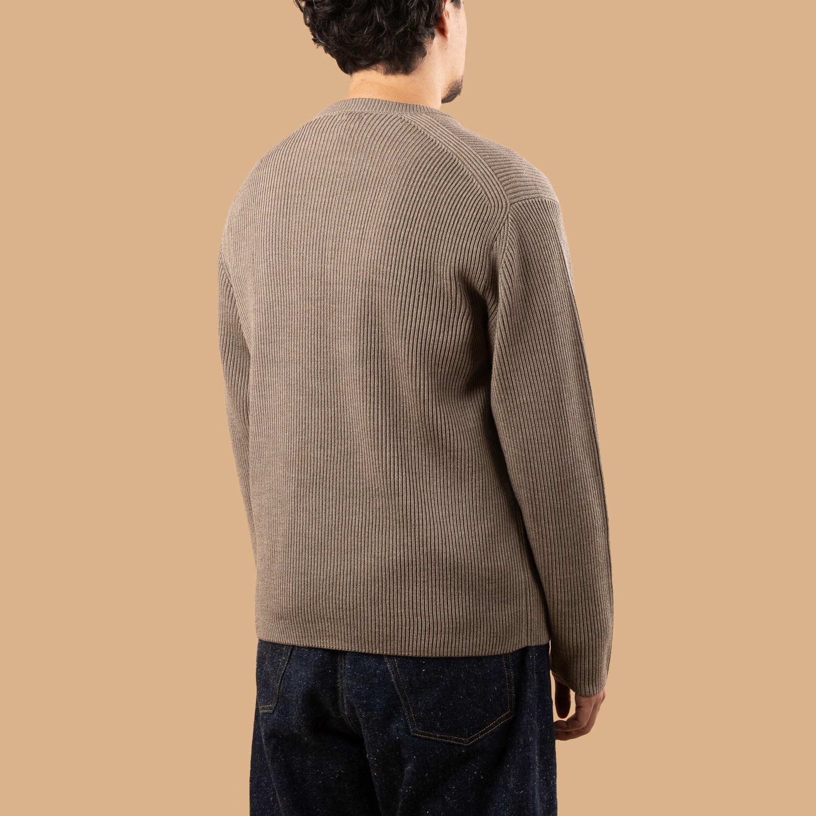 Solid Wool Rib Crew Neck Melange Brown