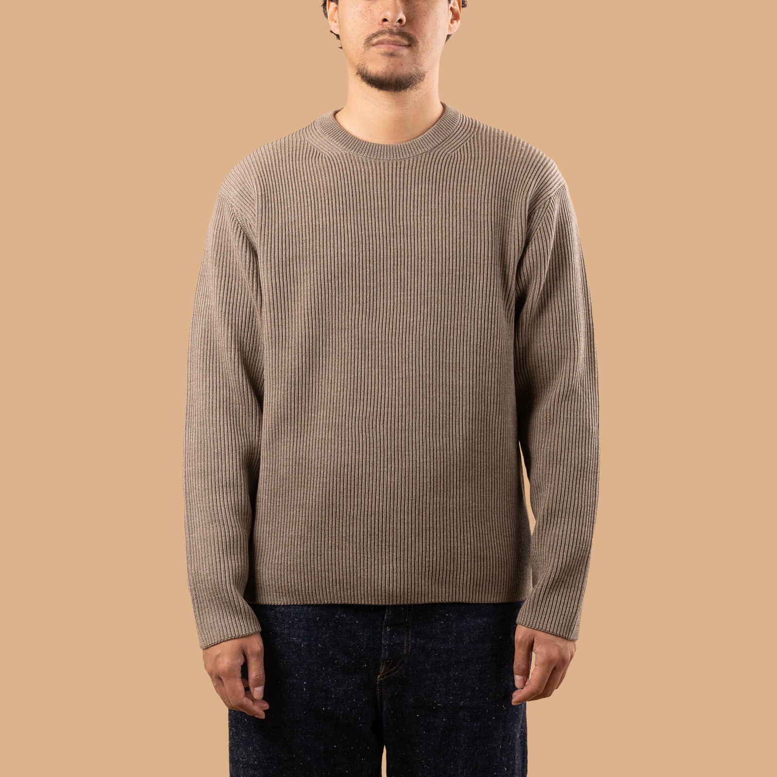 Solid Wool Rib Crew Neck Melange Brown