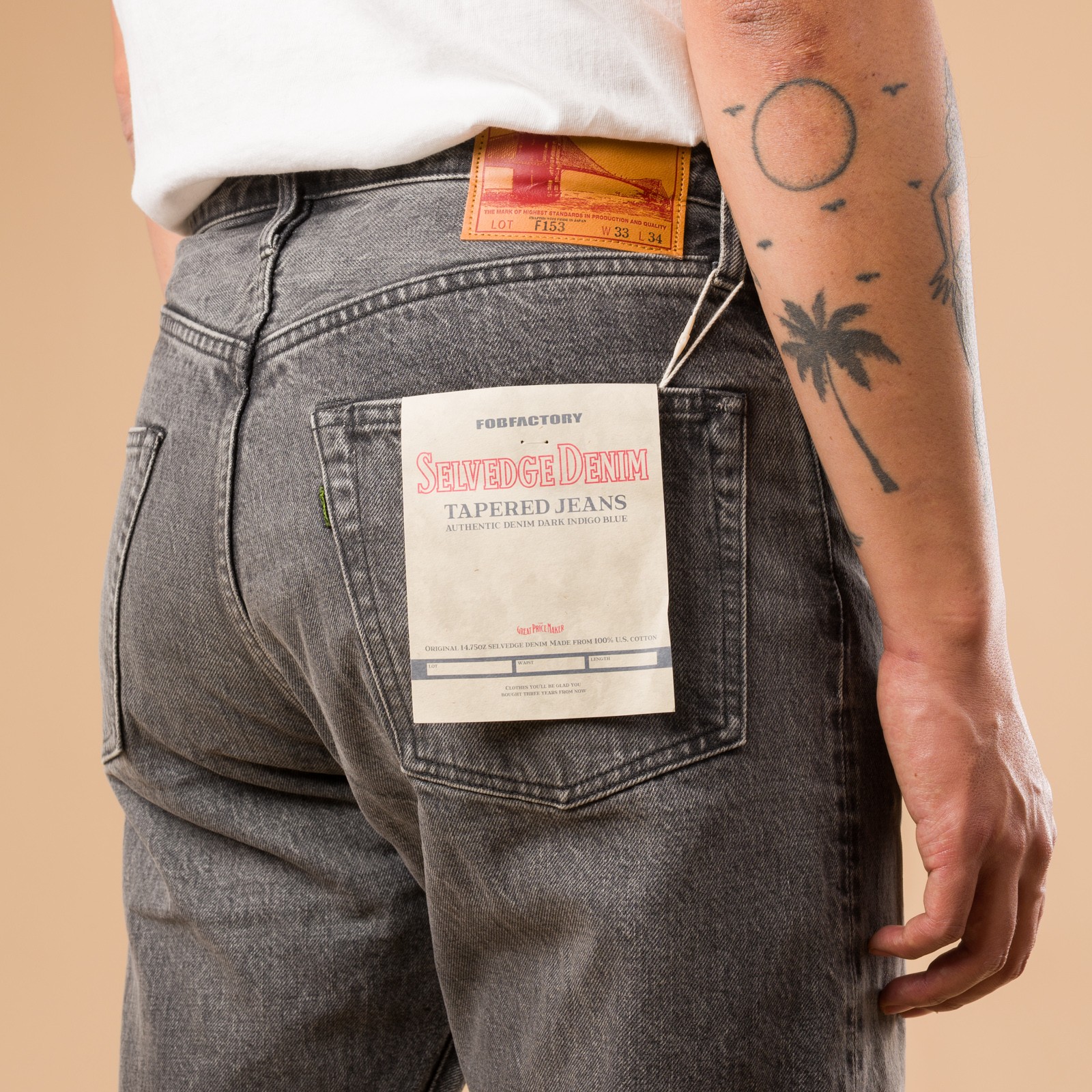 F153 5P Tapered Black Used Wash Selvedge Denim