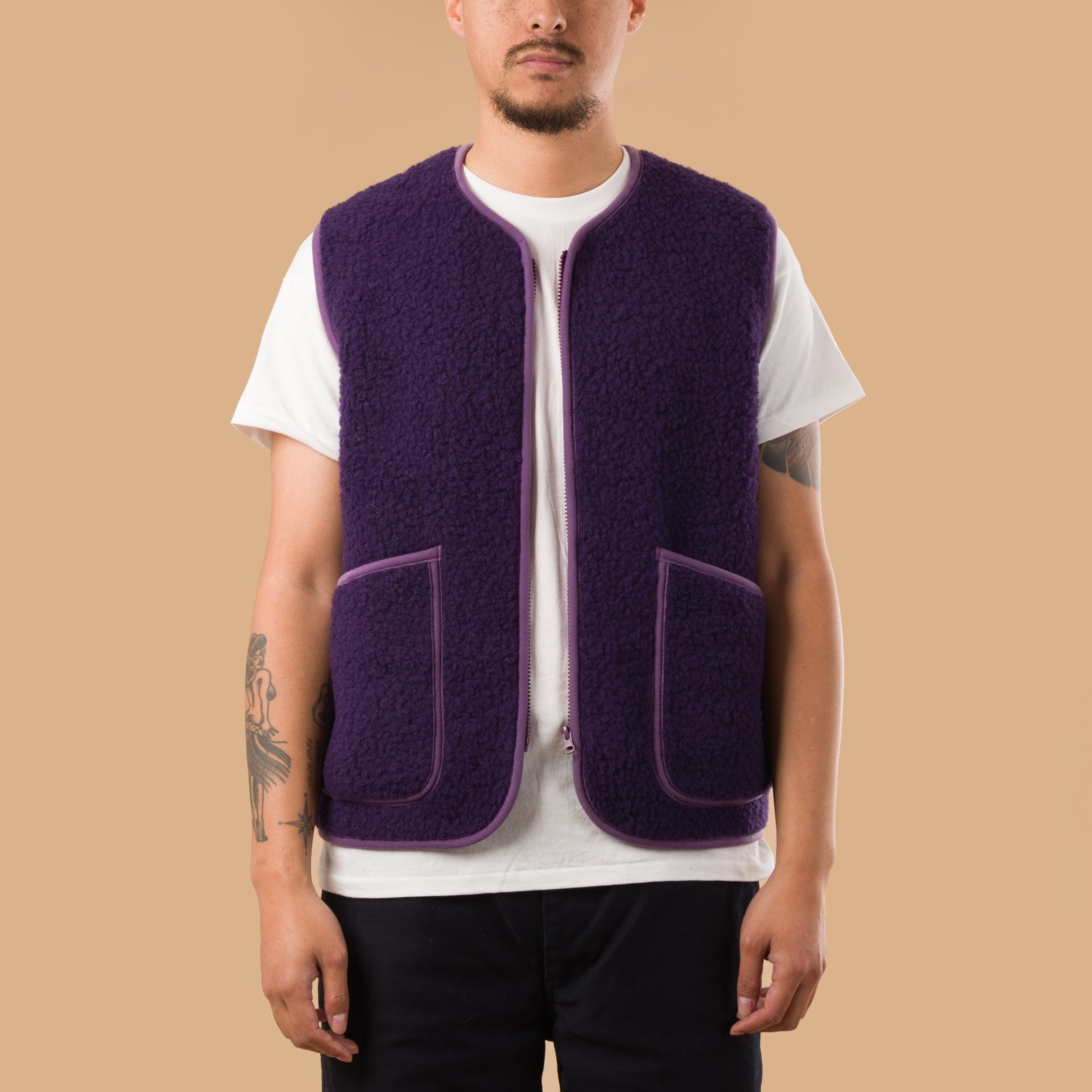 image flâneurs-COLDBREAKER-veste-en-laine-sans-manche-Pepitko-Vest-plum de face
