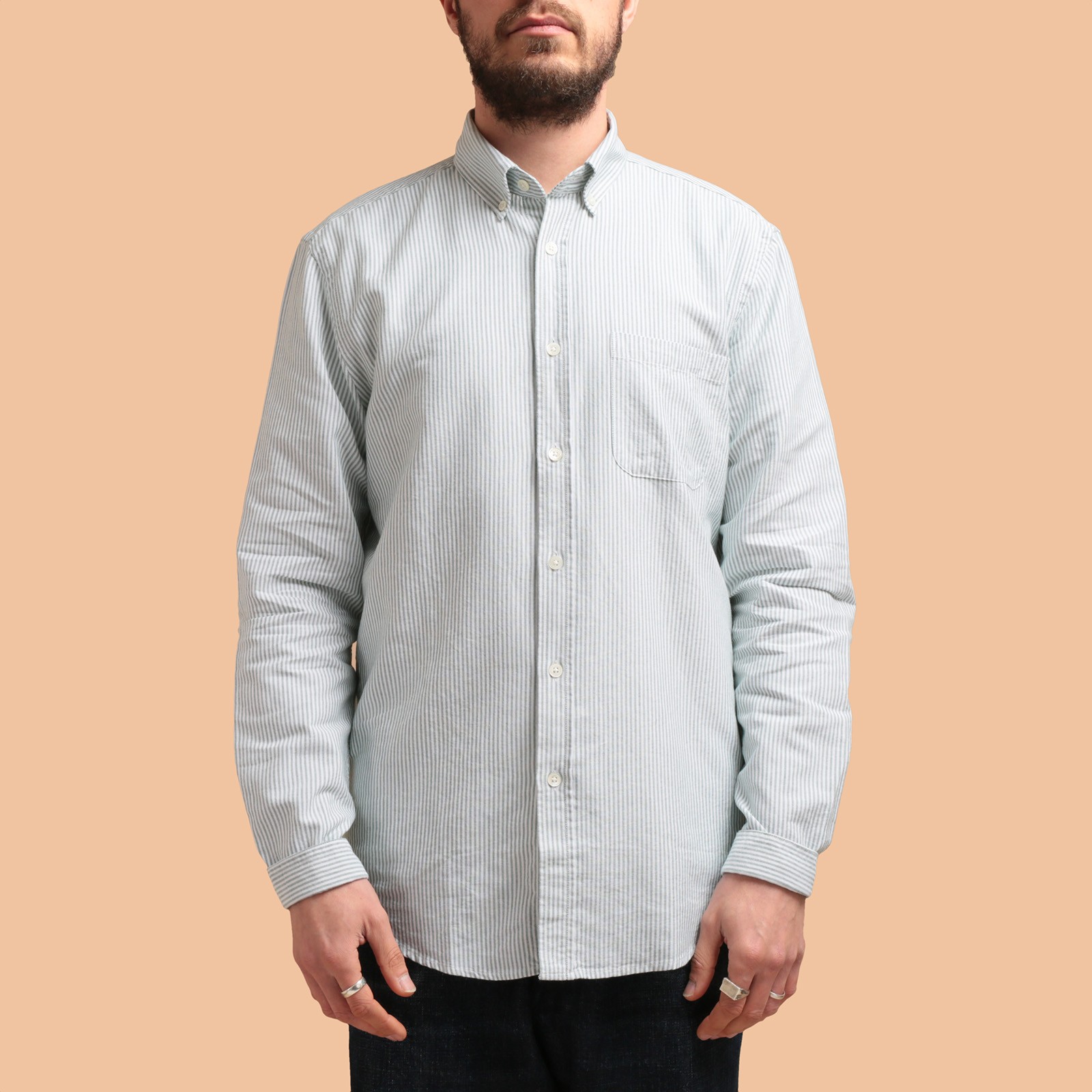 image flaneurs chemise PORTUGUESE FLANNEL Belavista green stripe de face