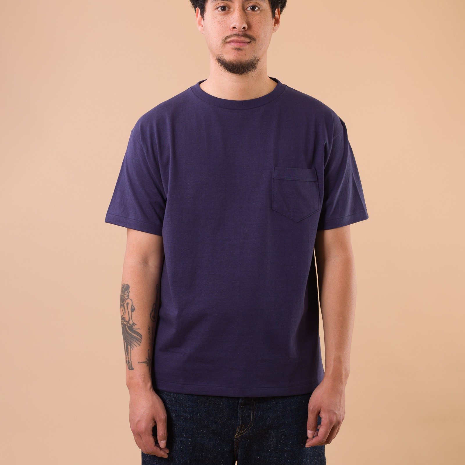 Image-Flâneurs_DENIME / Lot. 273 Crew Neck Pocket T-Shirt Navy_de-face