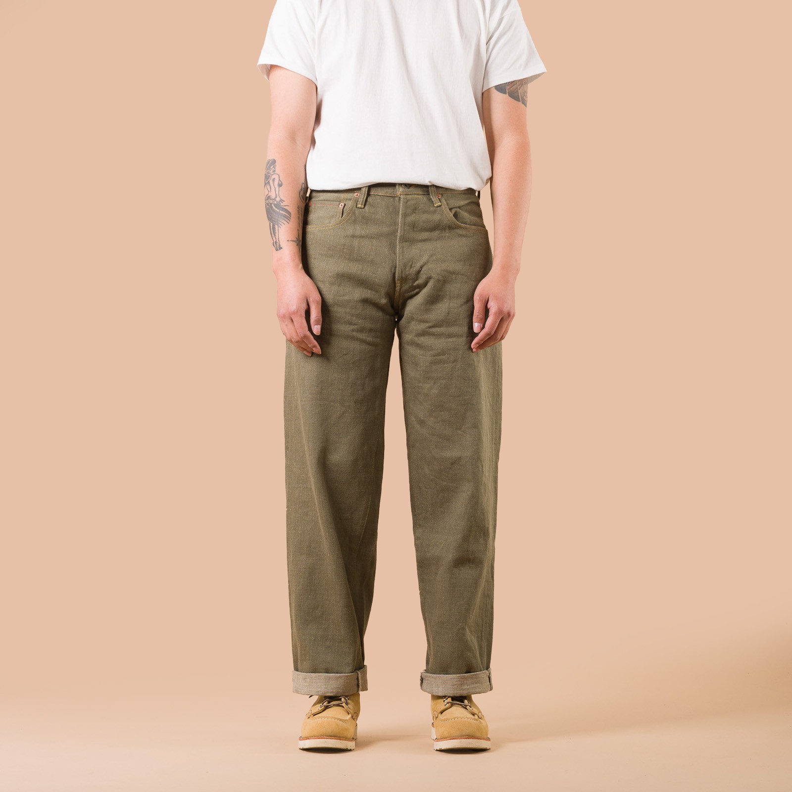 Image-Flâneurs_ONI DENIM / 822-18oz Super Wide Tapered Olive Drab Denim de face