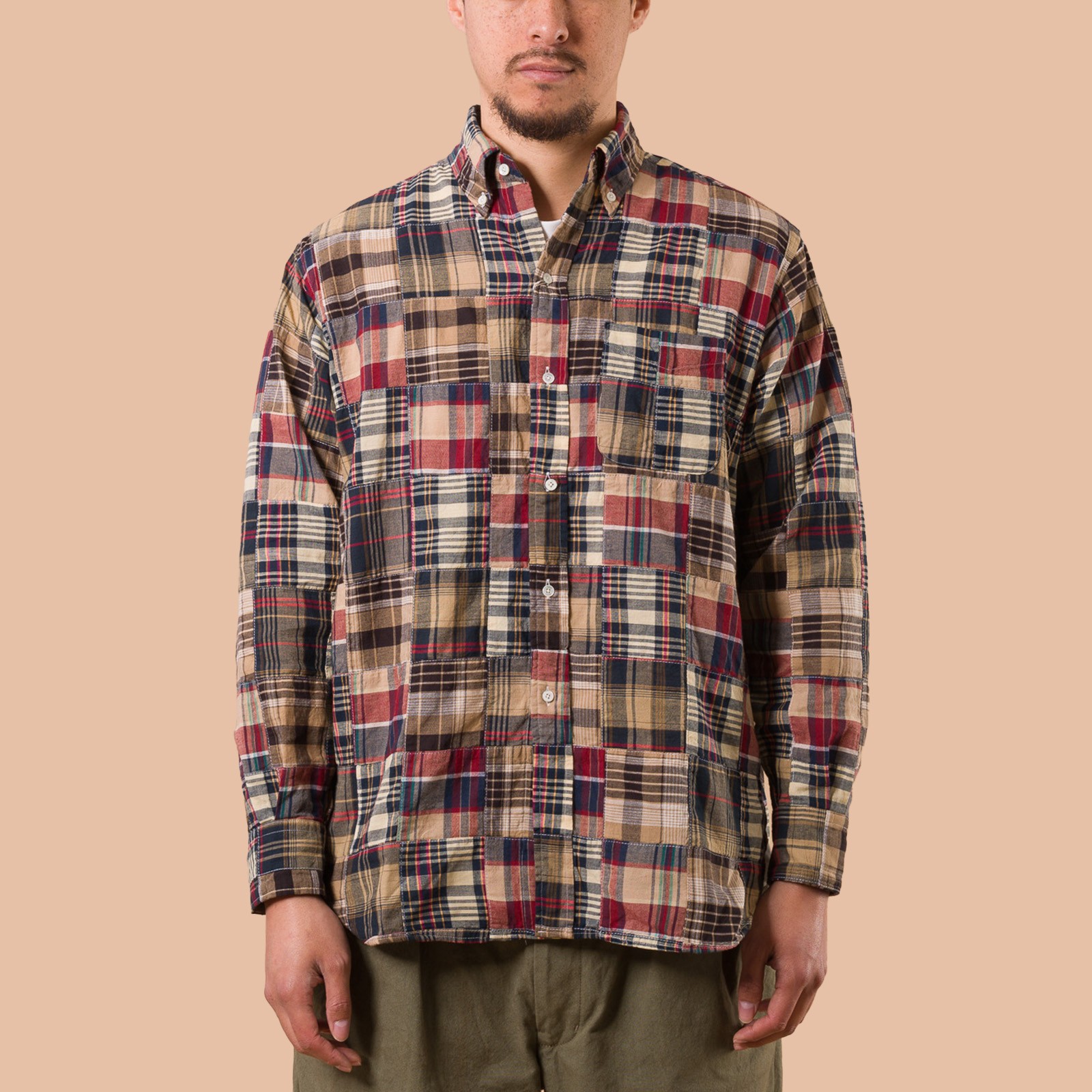 Image-Flâneurs BEAMS PLUS / B.D. Classic-fit Patchwork Madras Navy de face