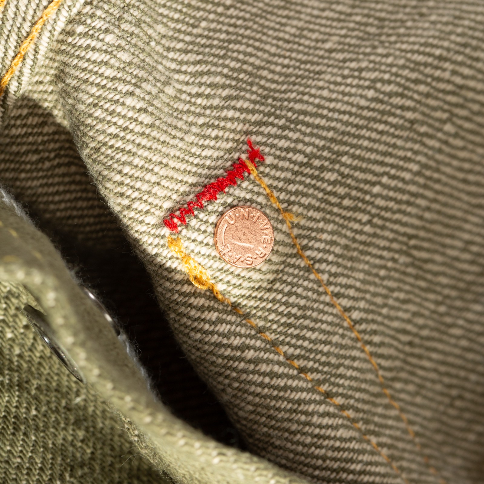 détail rivet flaneurs ONI DENIM  822-18oz Super Wide Tapered Olive Drab Denim