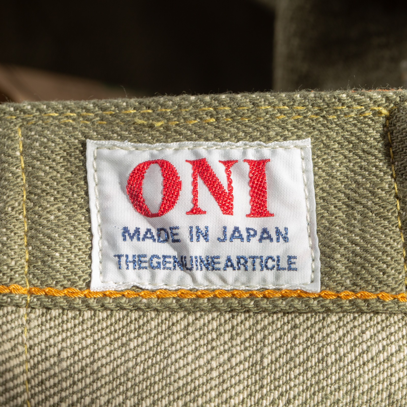 détail tag flaneurs ONI DENIM  822-18oz Super Wide Tapered Olive Drab Denim