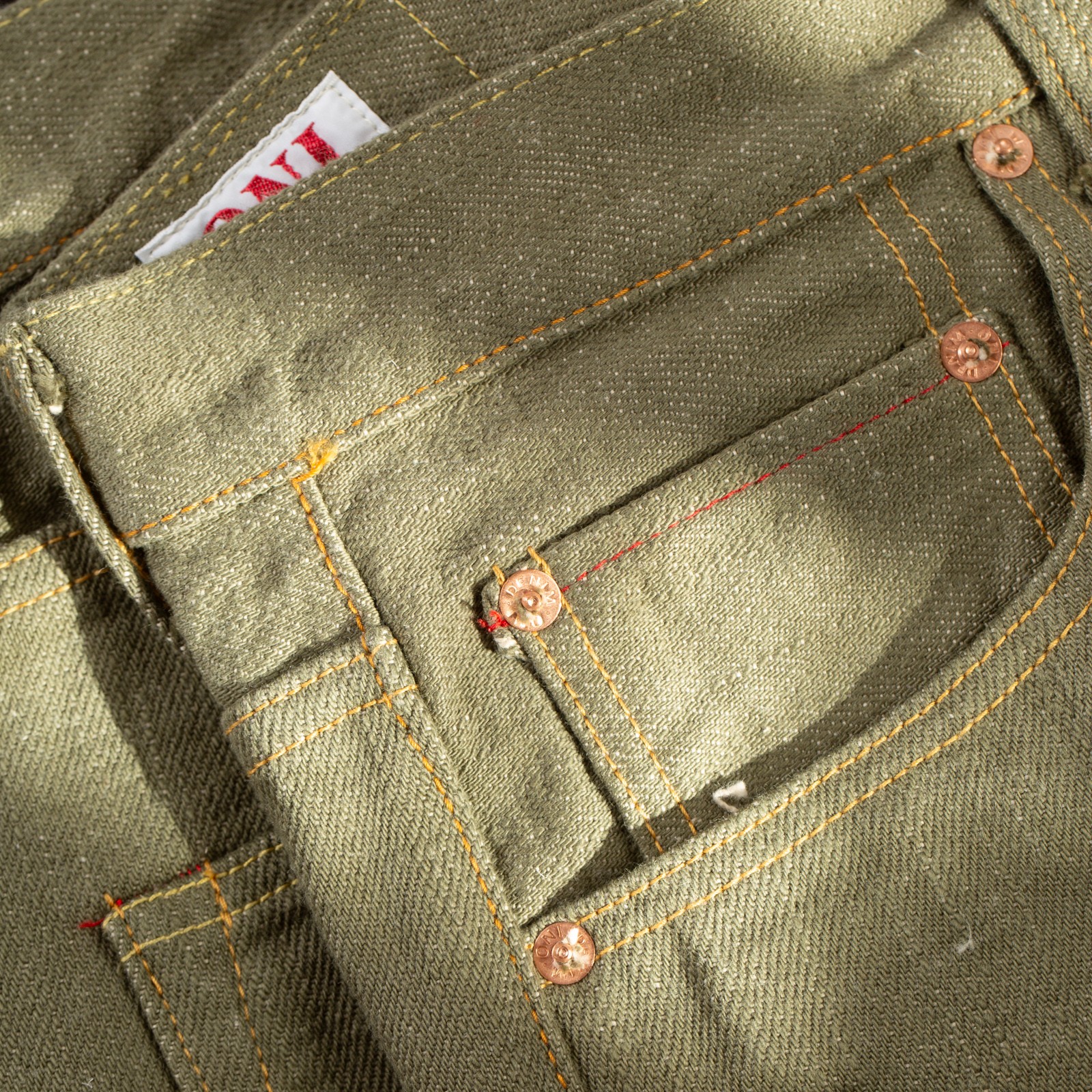 détail coin pocket flaneurs ONI DENIM  822-18oz Super Wide Tapered Olive Drab Denim