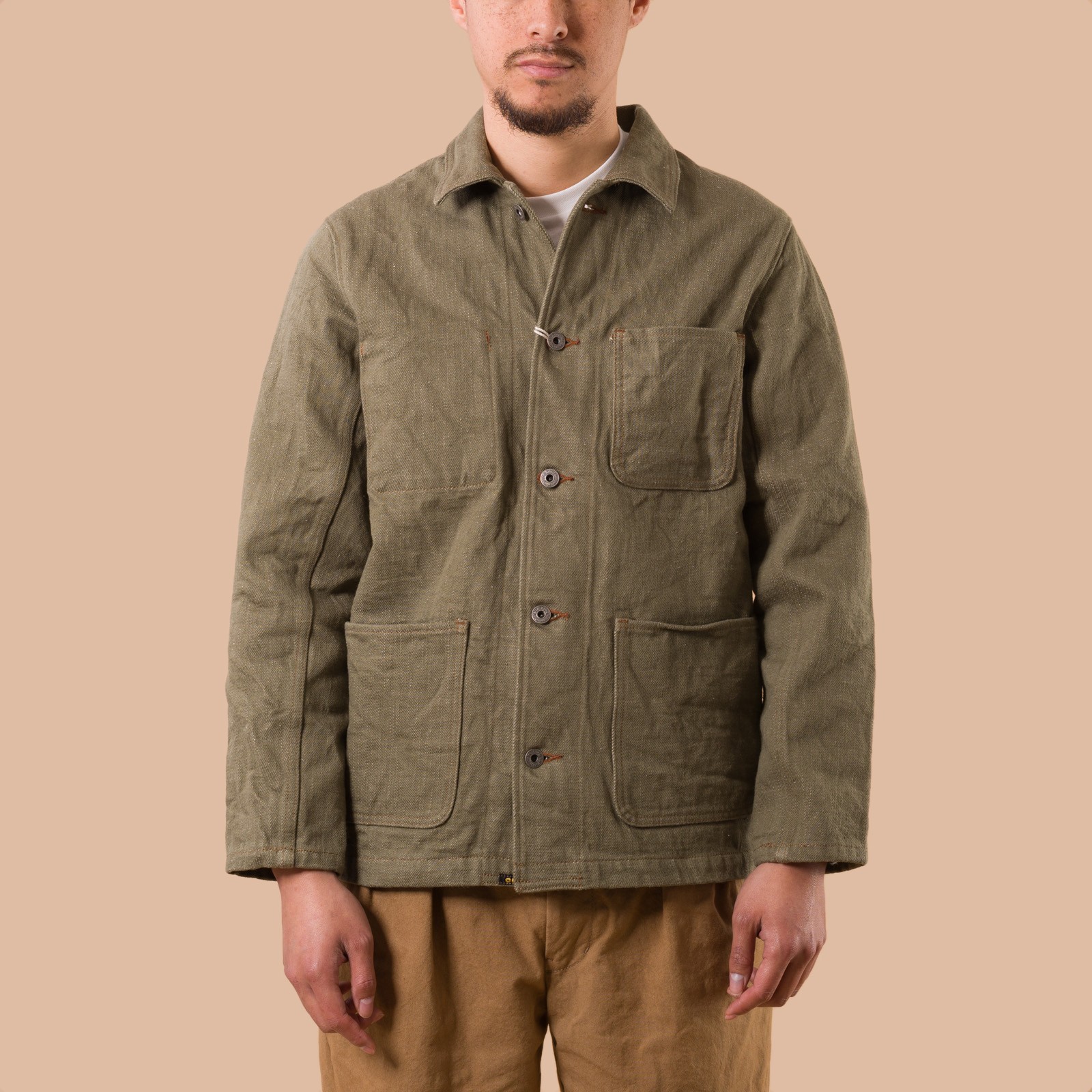 image porté de face flaneurs ONI DENIM 03502-18oz Olive Drab Denim Coverall