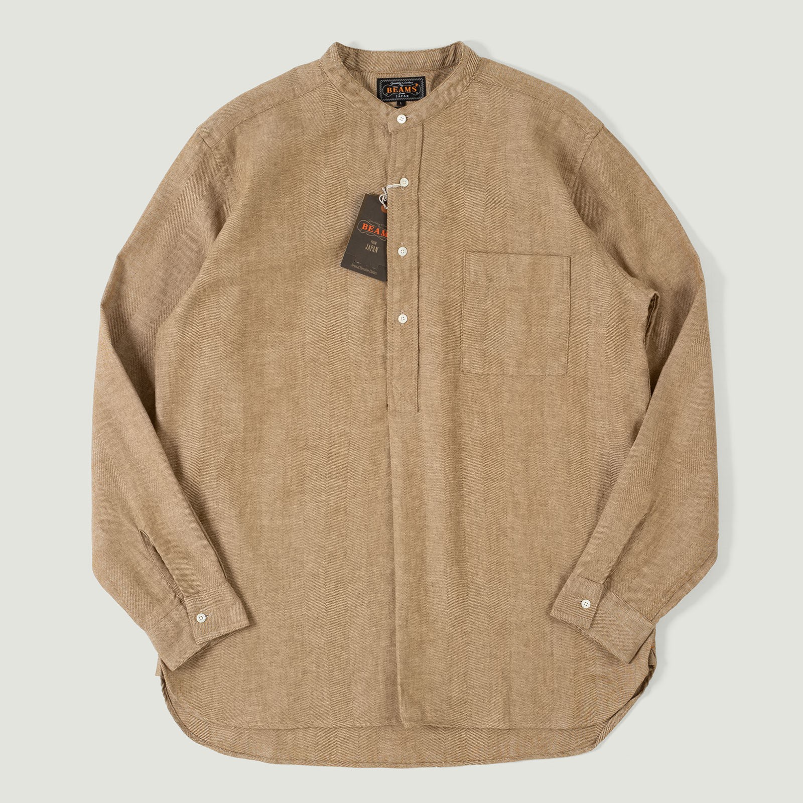 Vignettes flaneurs chemise sans col herrigbone camel Beams Plus Japan