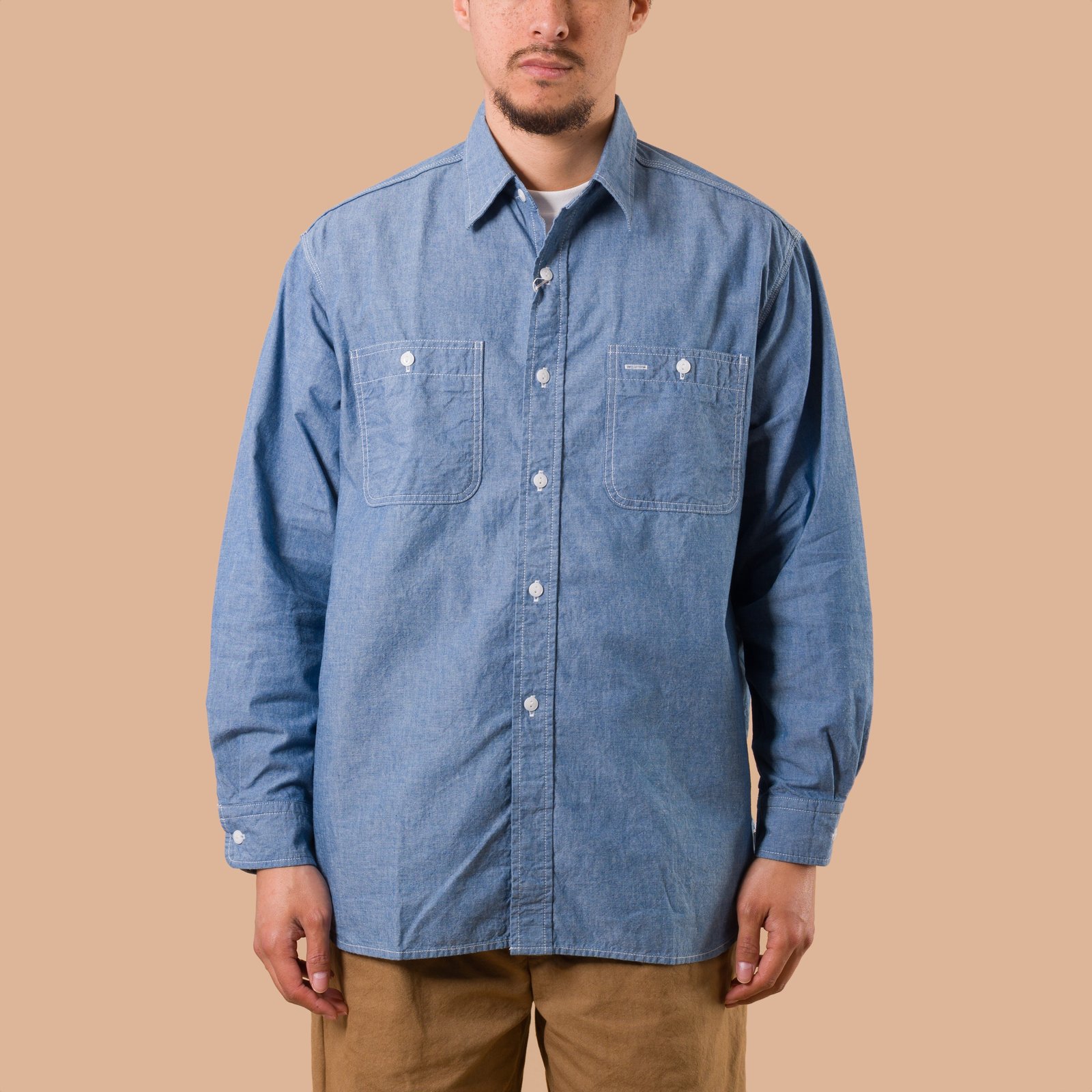 image portée de face 1 flaneurs chemise workshirt chambray sax Beams Plus Japan