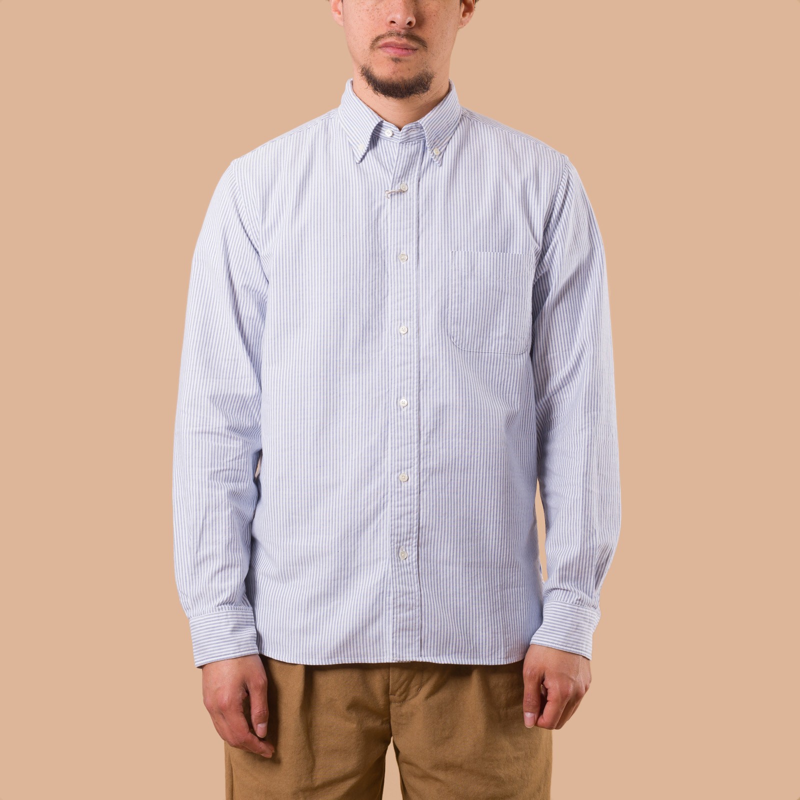 image portée de face flaneurs chemise oxford candy stripe blue Beams Plus Japan