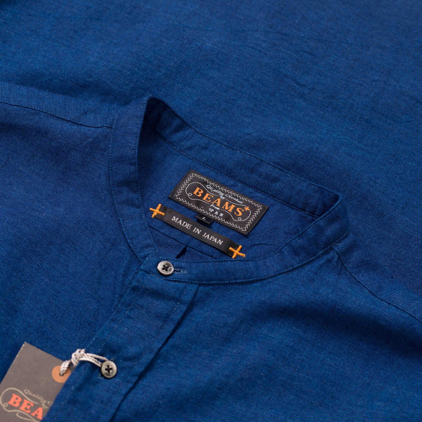 image détail col chemise BEAMS PLUS  Band Collar Shirt Indigo Chambray