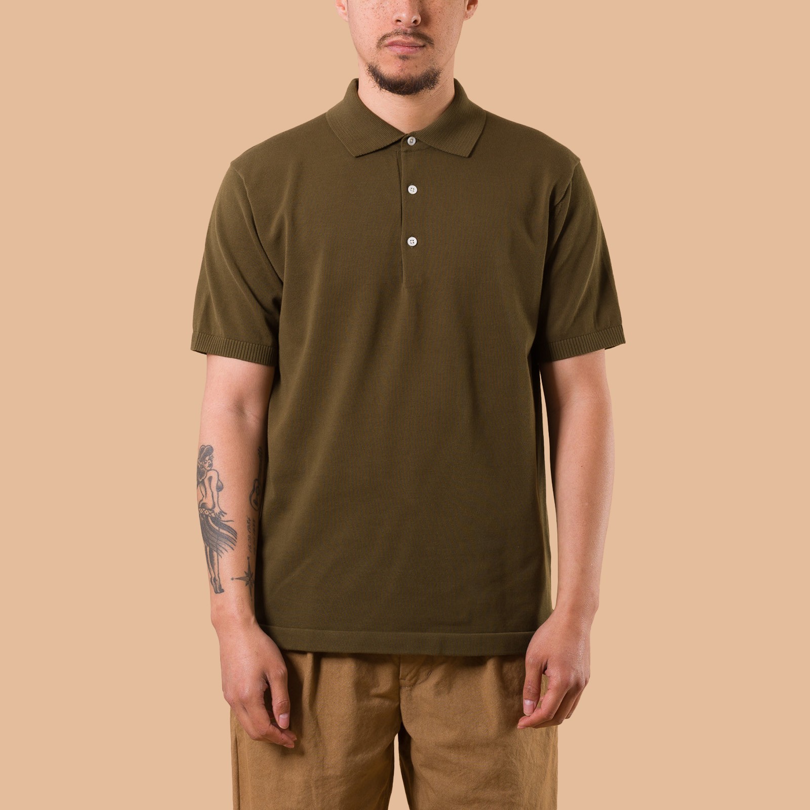 Image-Flâneurs_BEAMS PLUS / Knit Polo 12G Green de face