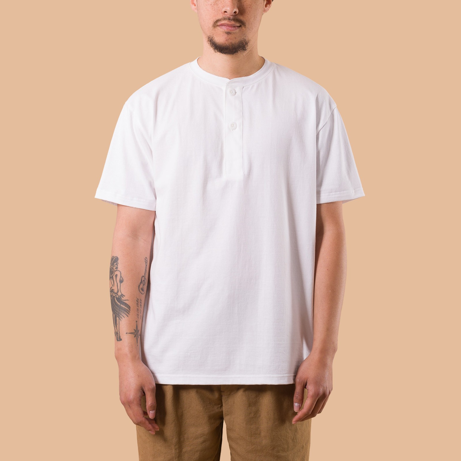 flâneurs  teeshirt henley basic BEAMS PLUS 2 Pack Henley Tee White de face