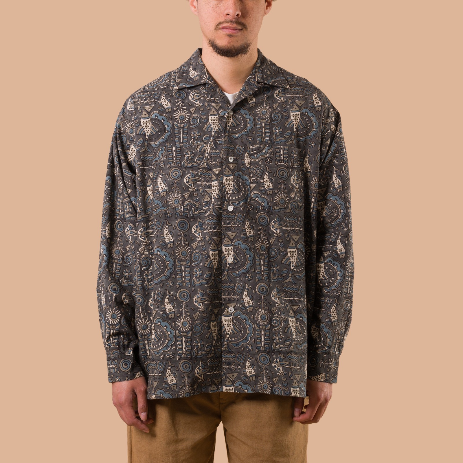 image flaneurs chemise Beams plus Open Collar Shirt Block Print Navy de face 1