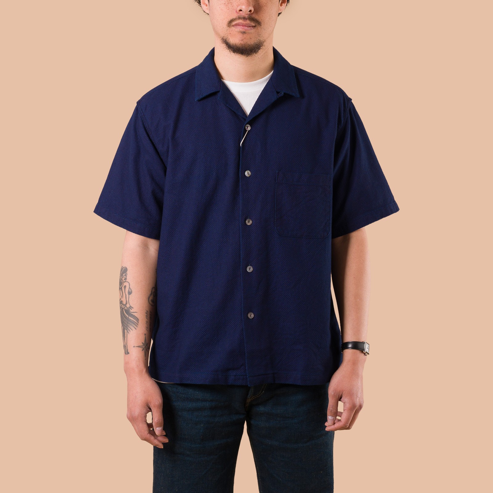 Image Flâneurs FOB FACTORY / F3500 Indigo Sashiko Holiday Shirt de face