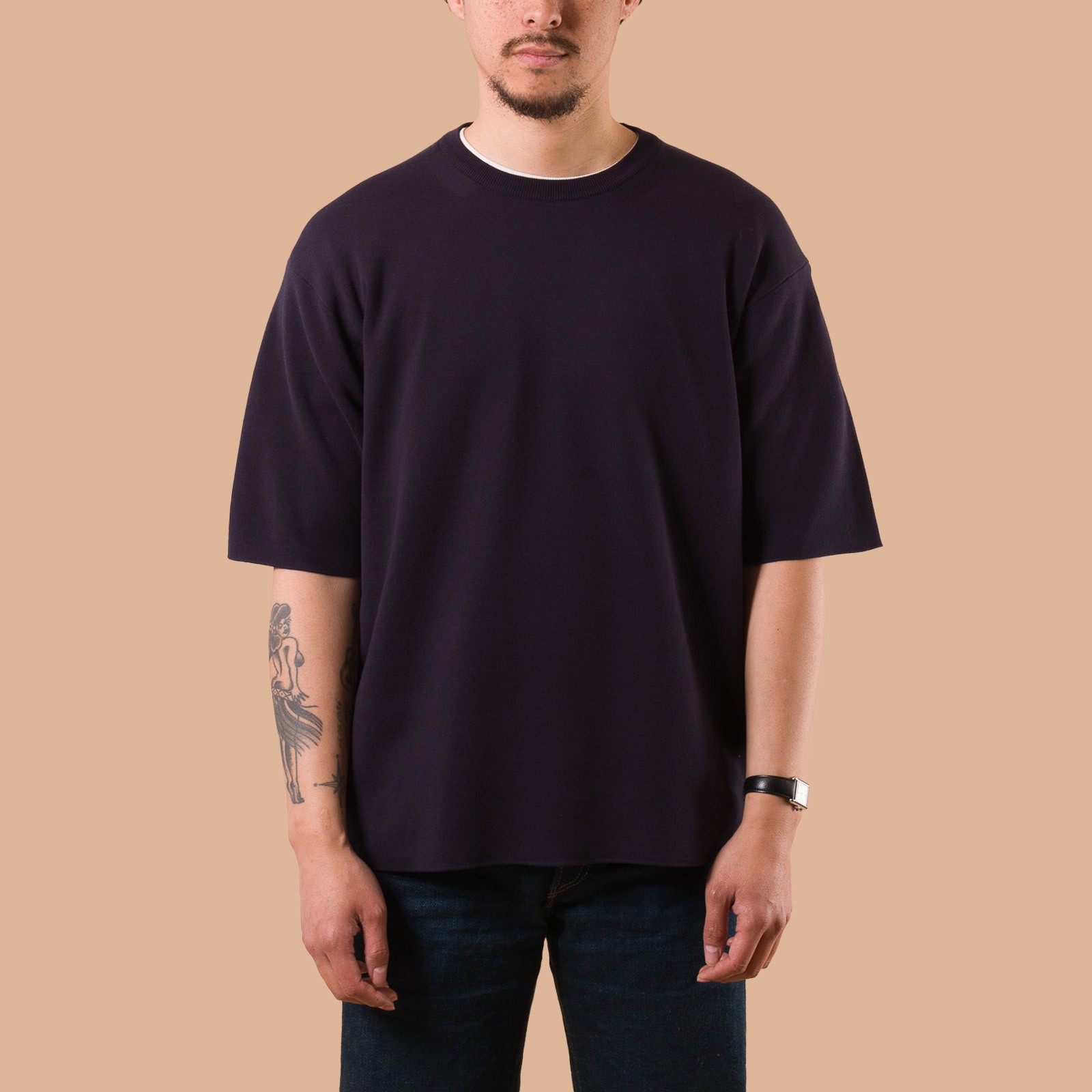 Image-Flâneurs_BATONER / 32G Smooth T-Shirt Navy de face