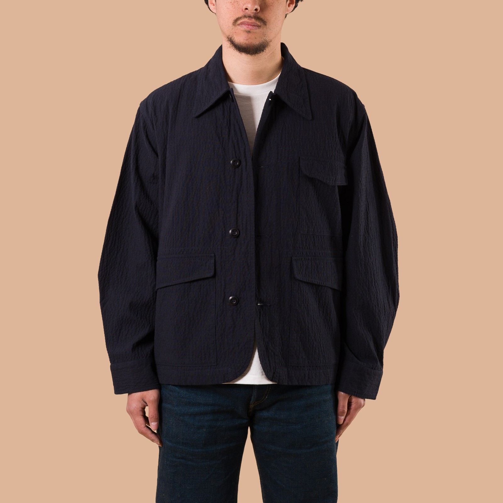 image flâneurs UNIVERSAL WORKS / Duty Jacket Ospina Cotton Dark Navy de face