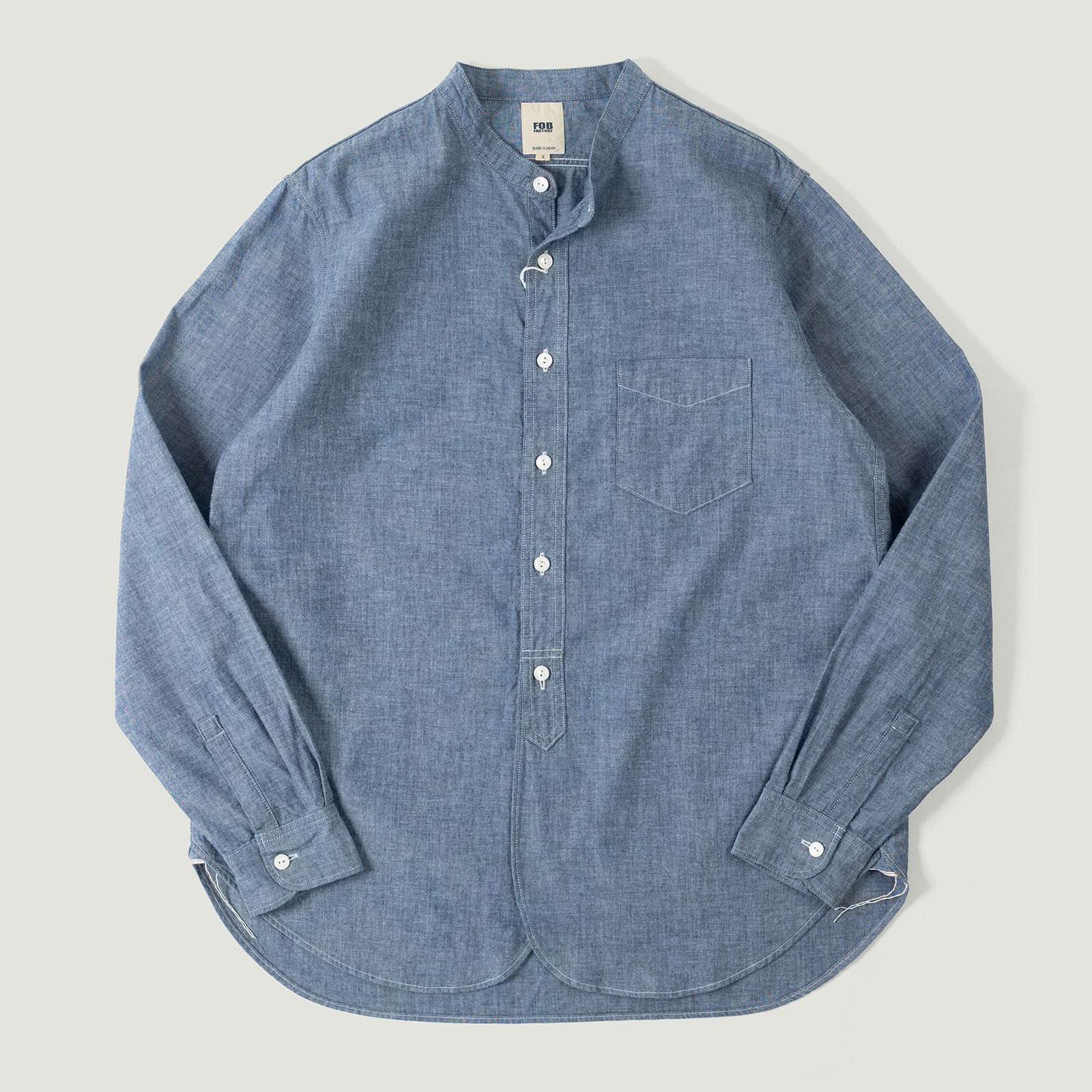 Vignettes flâneurs veste militaire FOB FACTORY F3428 Selvedge Chambray Band Collar Shirt
