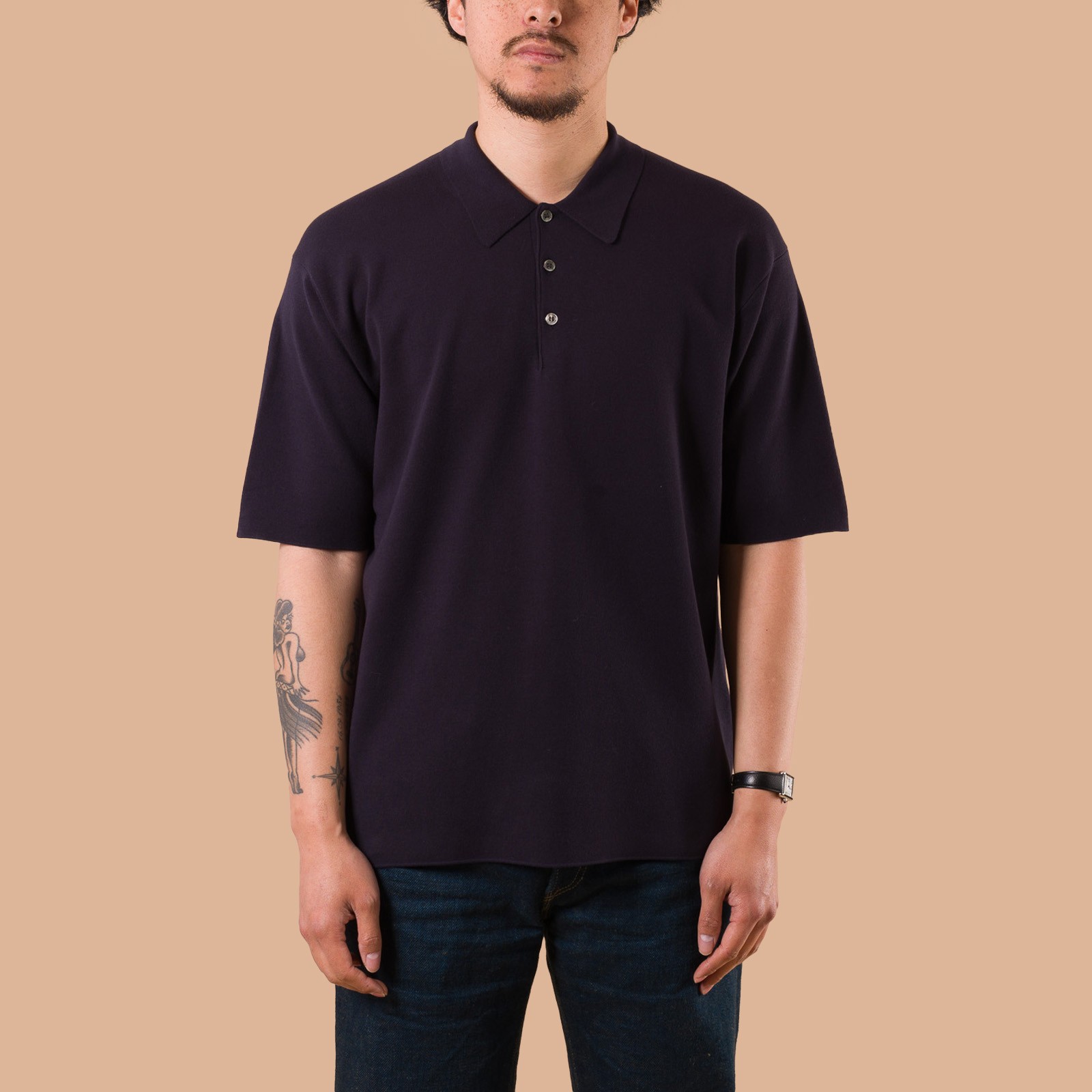 image flâneurs BATONER / 32G Smooth Knit Short Sleeve Polo Navy de face