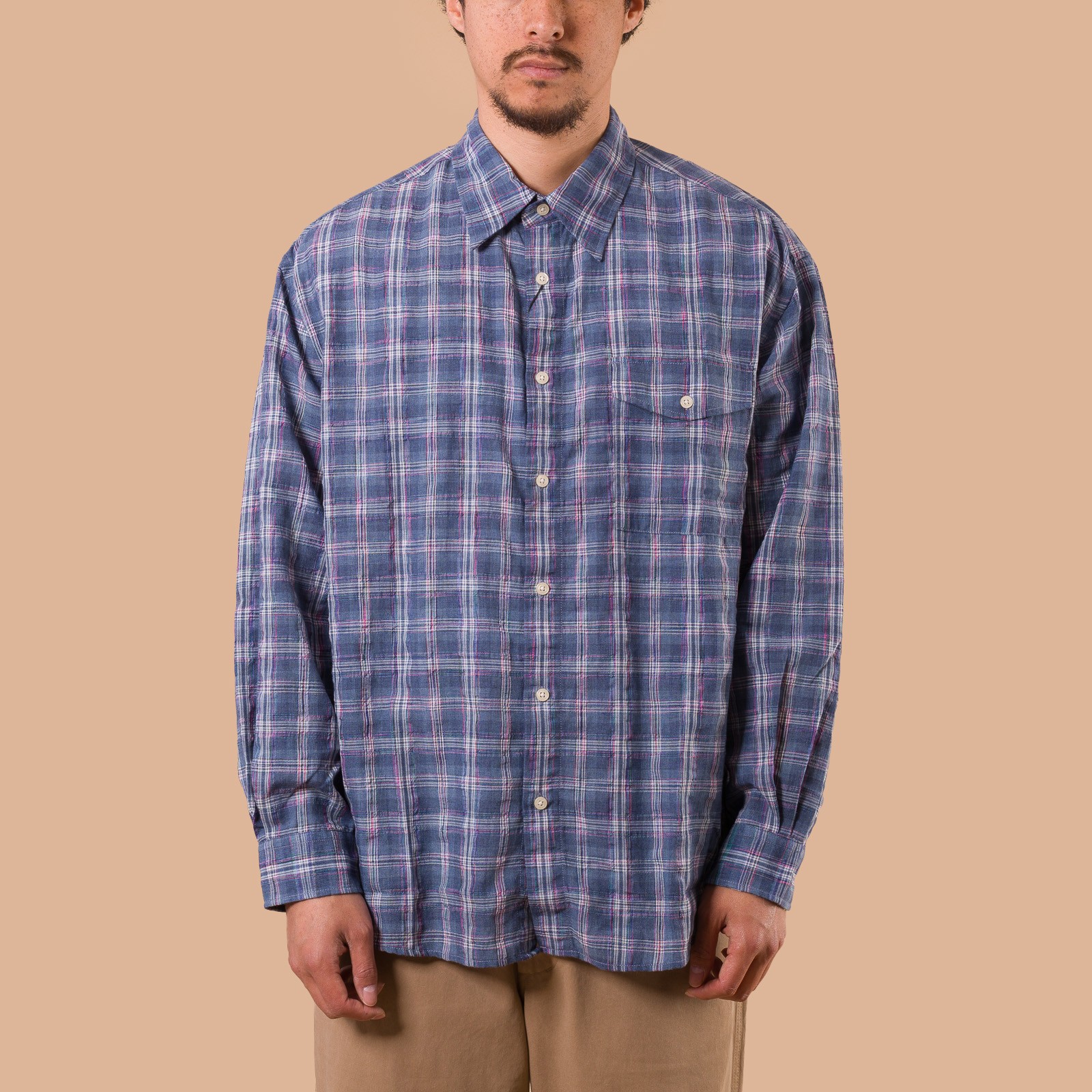 image flâneurs FRIZMWORKS / Uneven Check Shirt Blue de face
