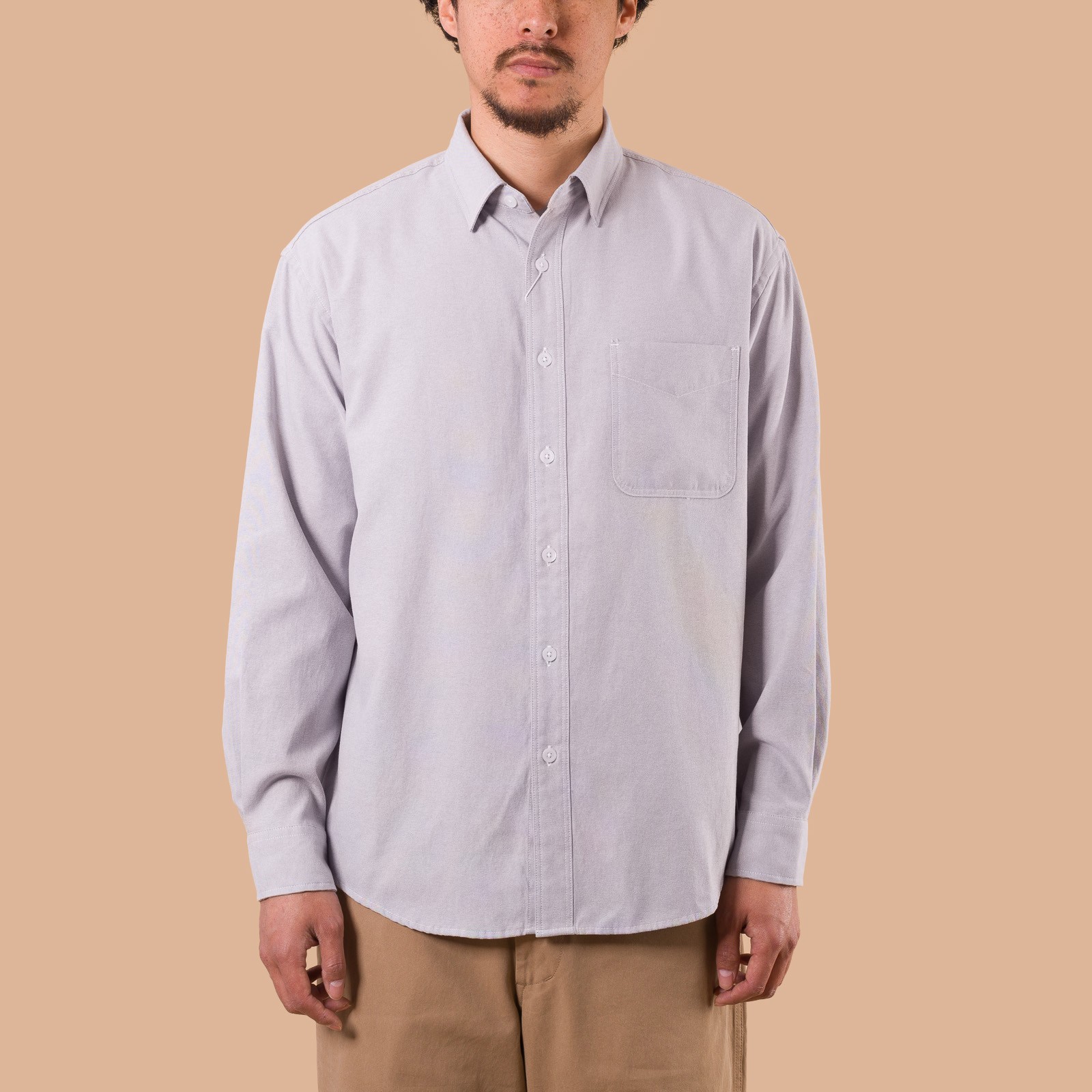 Image flâneurs porté de face chemise FRIZMWORKS OG Oxford Oversized Shirt Grey de face