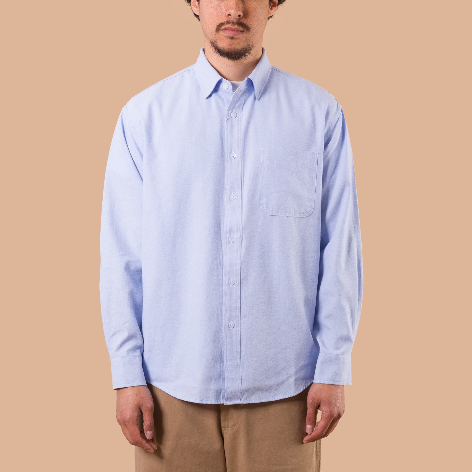 Image flâneurs porté de face chemise FRIZMWORKS OG Oxford Oversized Shirt Blue de face
