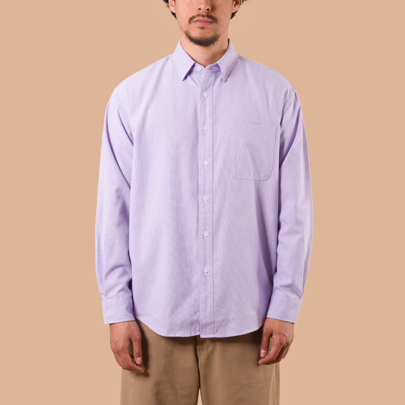 Image flâneurs porté de face chemise FRIZMWORKS OG Oxford Oversized Shirt Purple de face