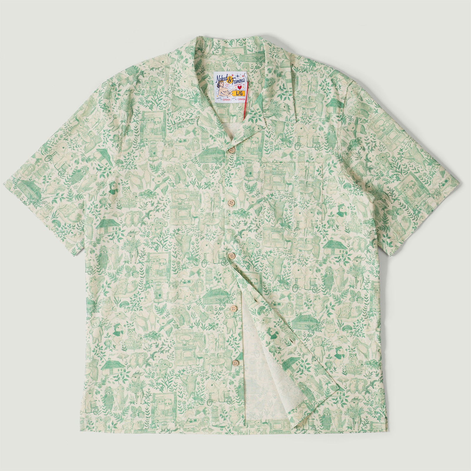 Vignettes flaneurs chemise NAKED & FAMOUS Aloha Shirt Linen animals green
